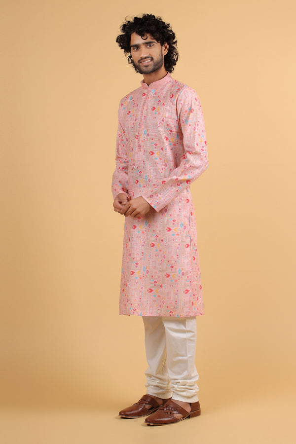 Blush Bloom Maple Print & Potli Button Linen-Cotton Kurta