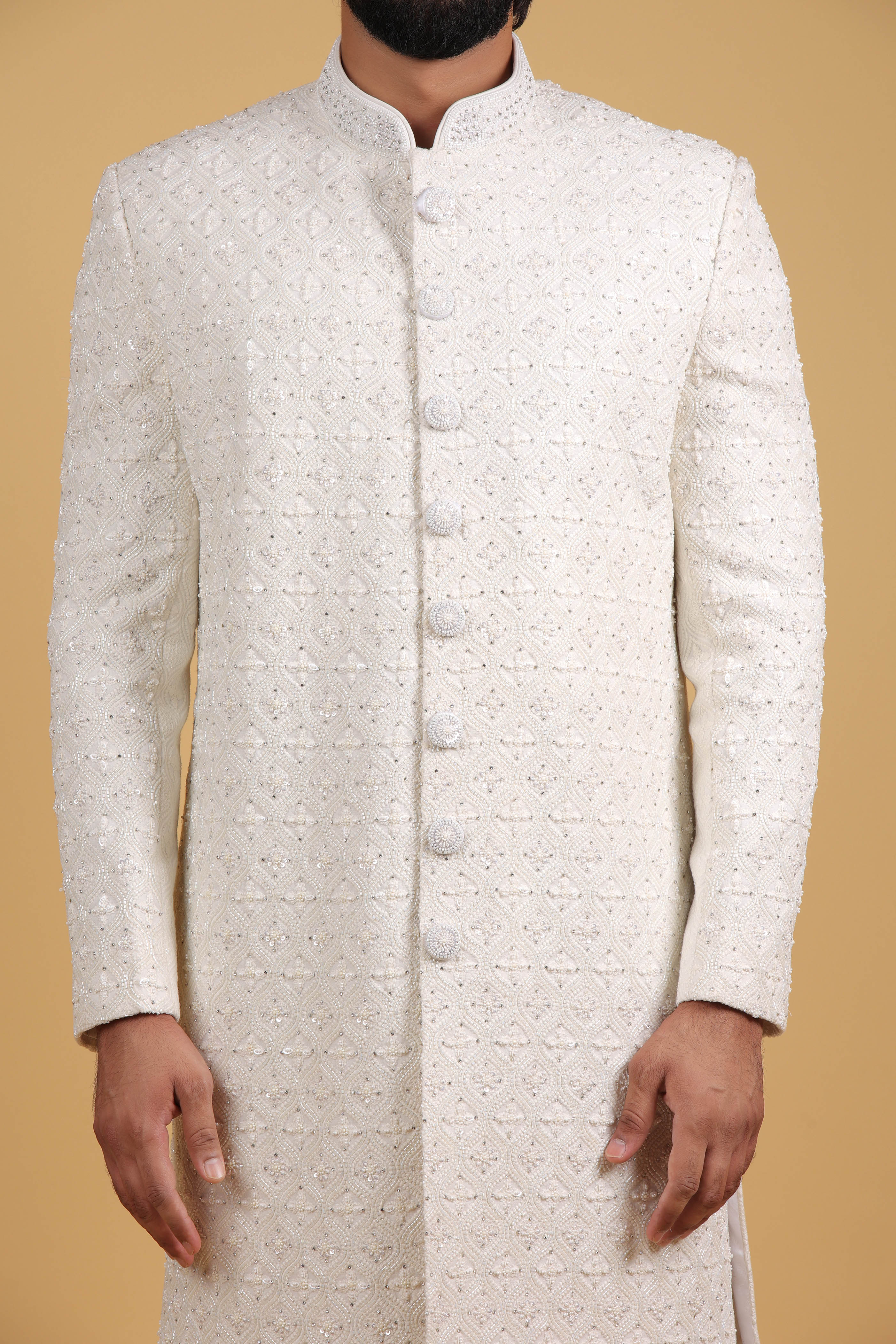 Regal Off-White Hand-Embroidered Groom Sherwani