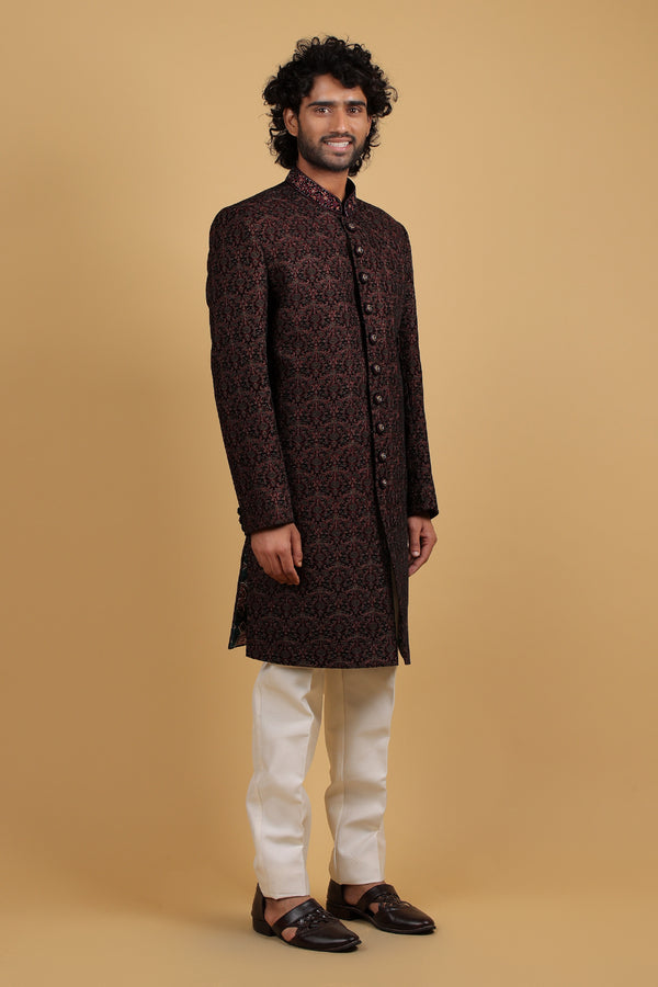 Regal Wine Resham Embroidered Indo-Western Ensemble