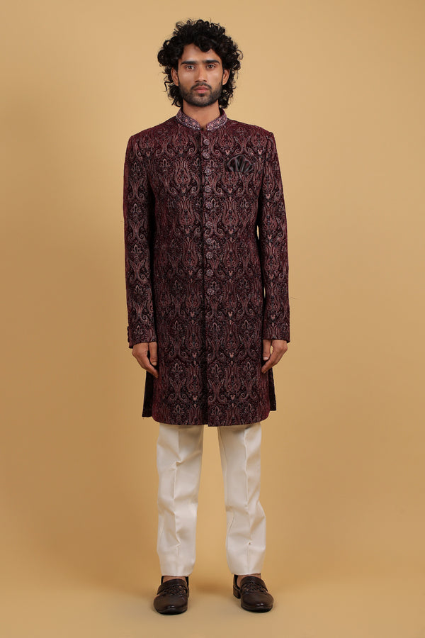 Regal Wine Velvet Indo-Western Ensemble