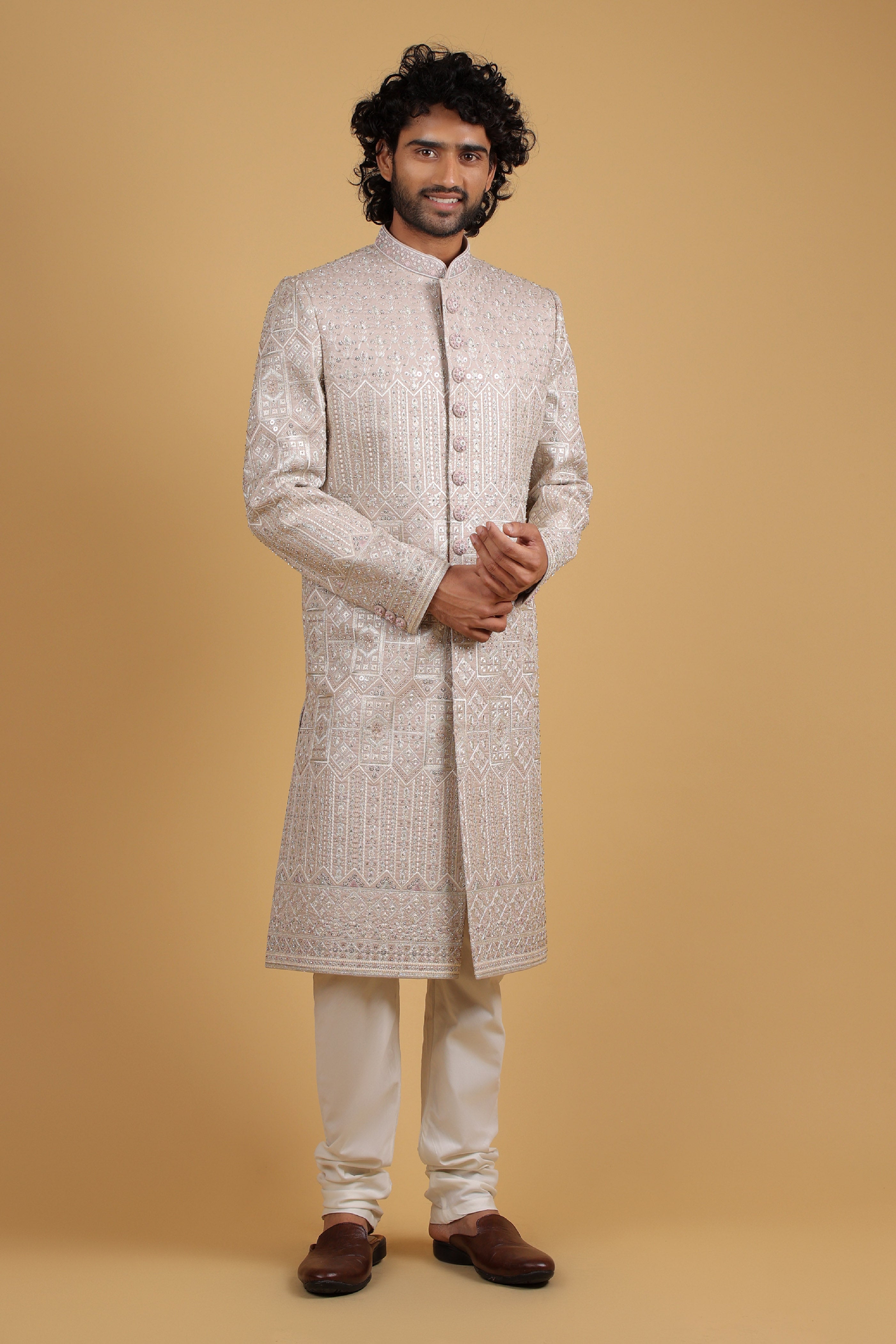 Regal Greyish Lavender Embroidered Silk Groom Sherwani