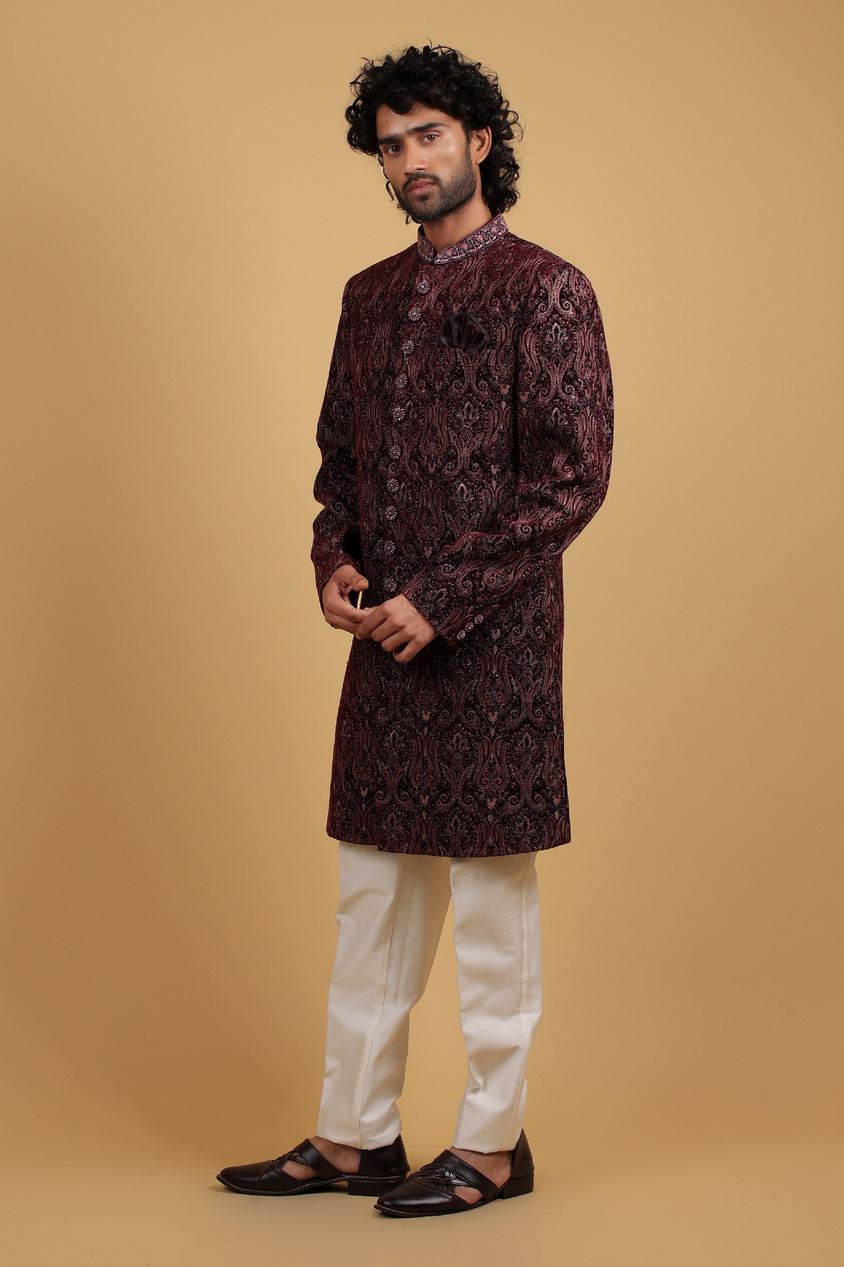 Regal Wine Velvet Indo-Western Ensemble