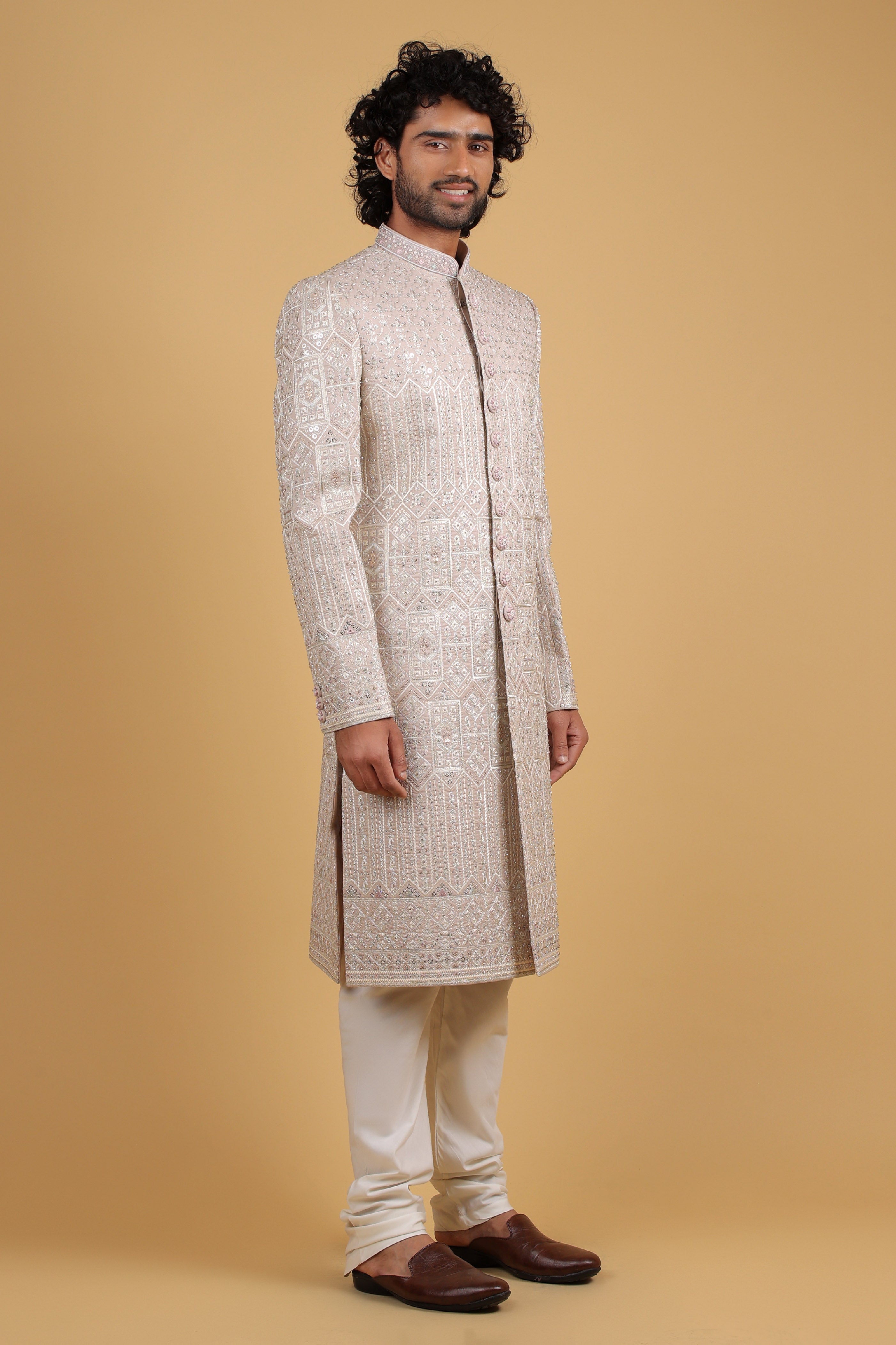 Regal Greyish Lavender Embroidered Silk Groom Sherwani