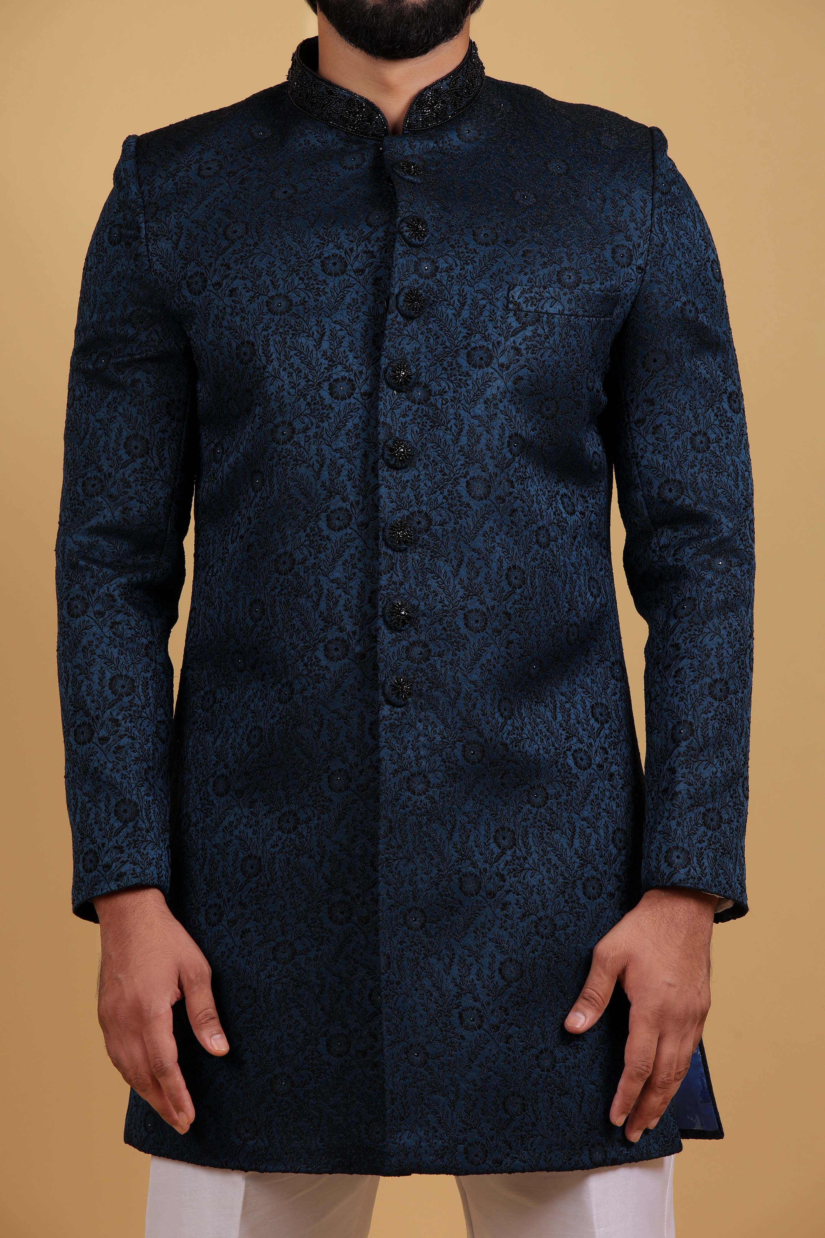 Teal Black Imperial Jacquard Indo-Western Set