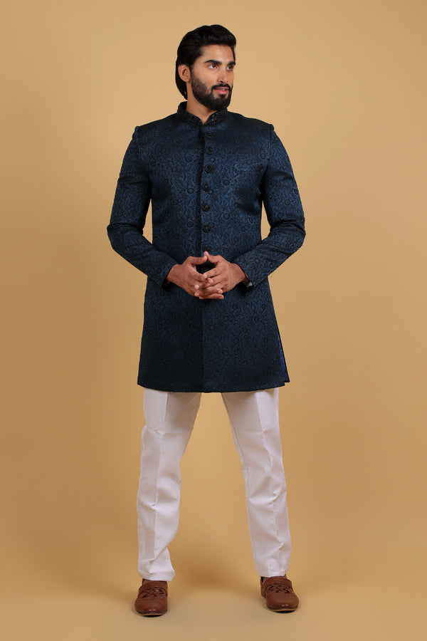 Teal Black Imperial Jacquard Indo-Western Set
