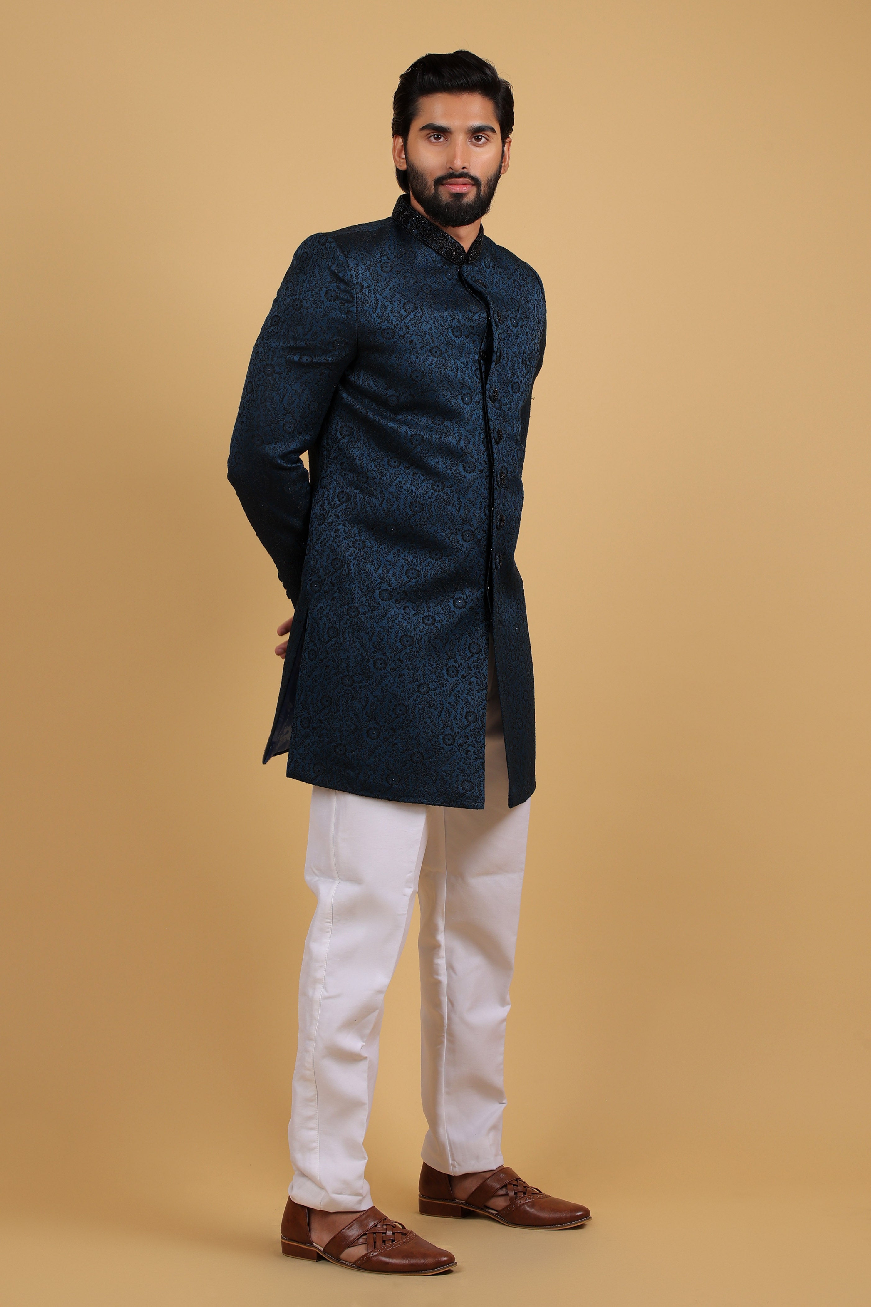 Teal Black Imperial Jacquard Indo-Western Set
