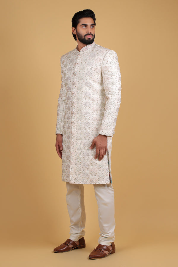 Imperial Off-White Jacquard Sherwani with Multicolor Hand Embroidery