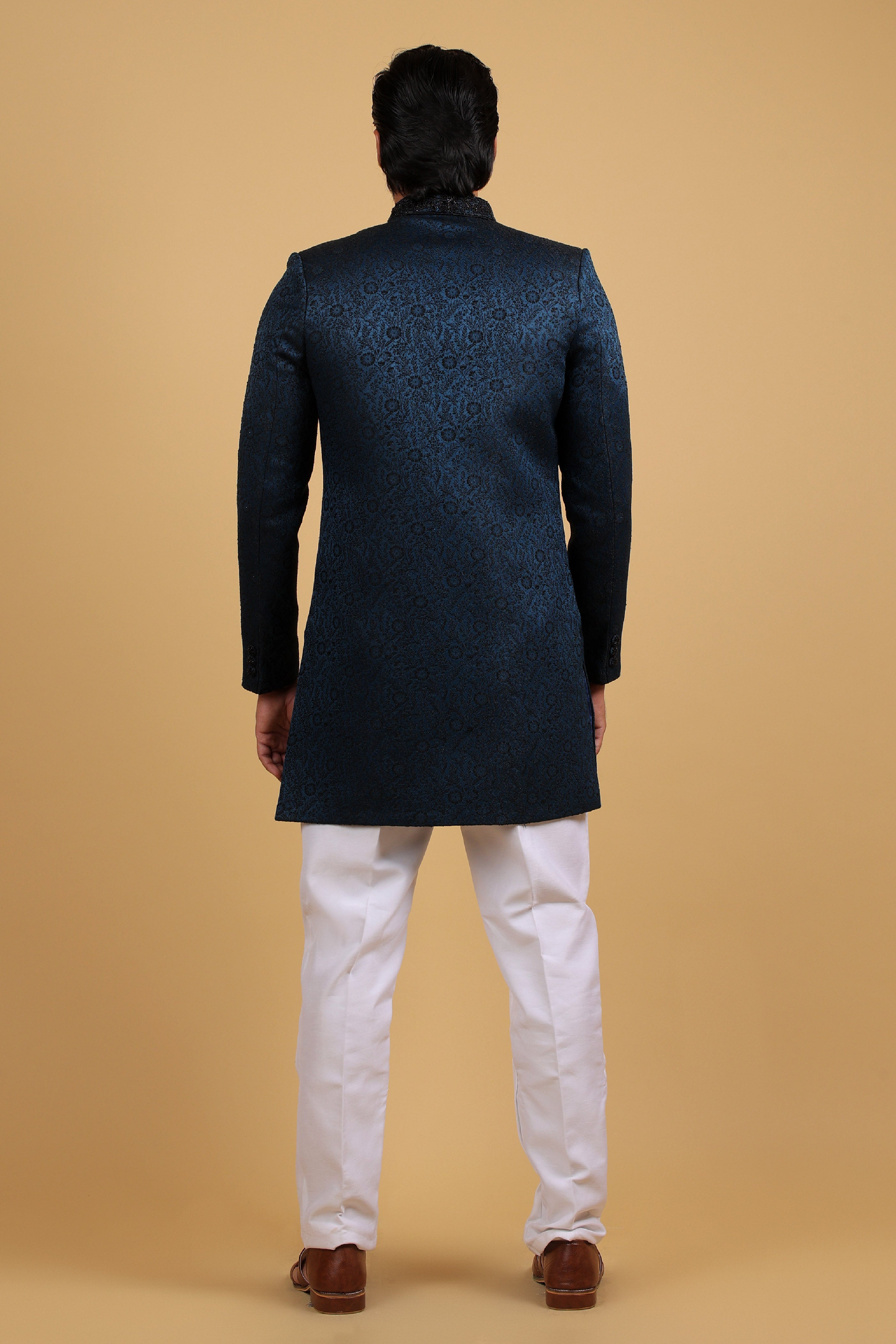 Teal Black Imperial Jacquard Indo-Western Set