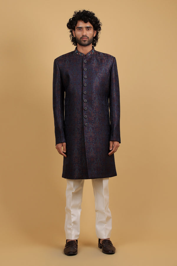 Blue Royale Self-Jacquard Indo-Western Ensemble
