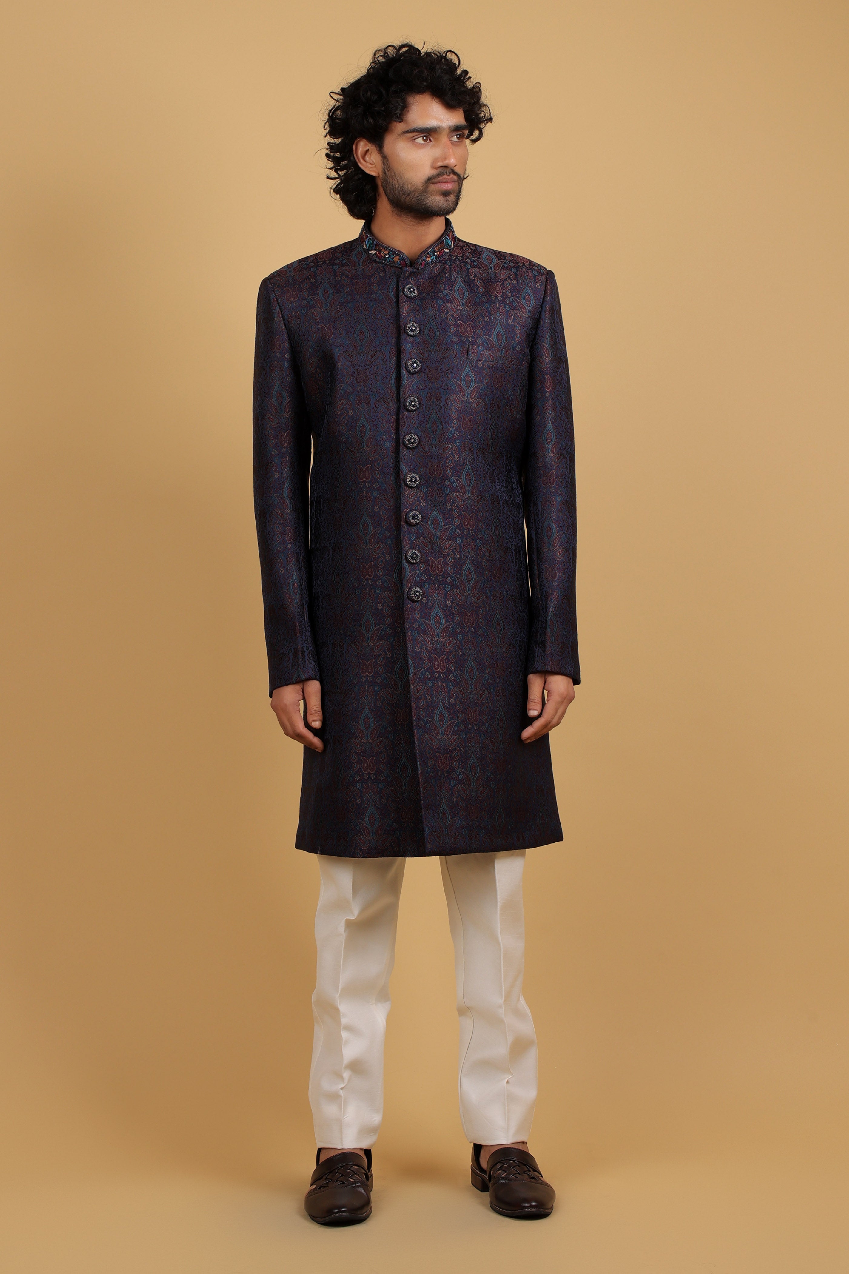Blue Royale Self-Jacquard Indo-Western Ensemble