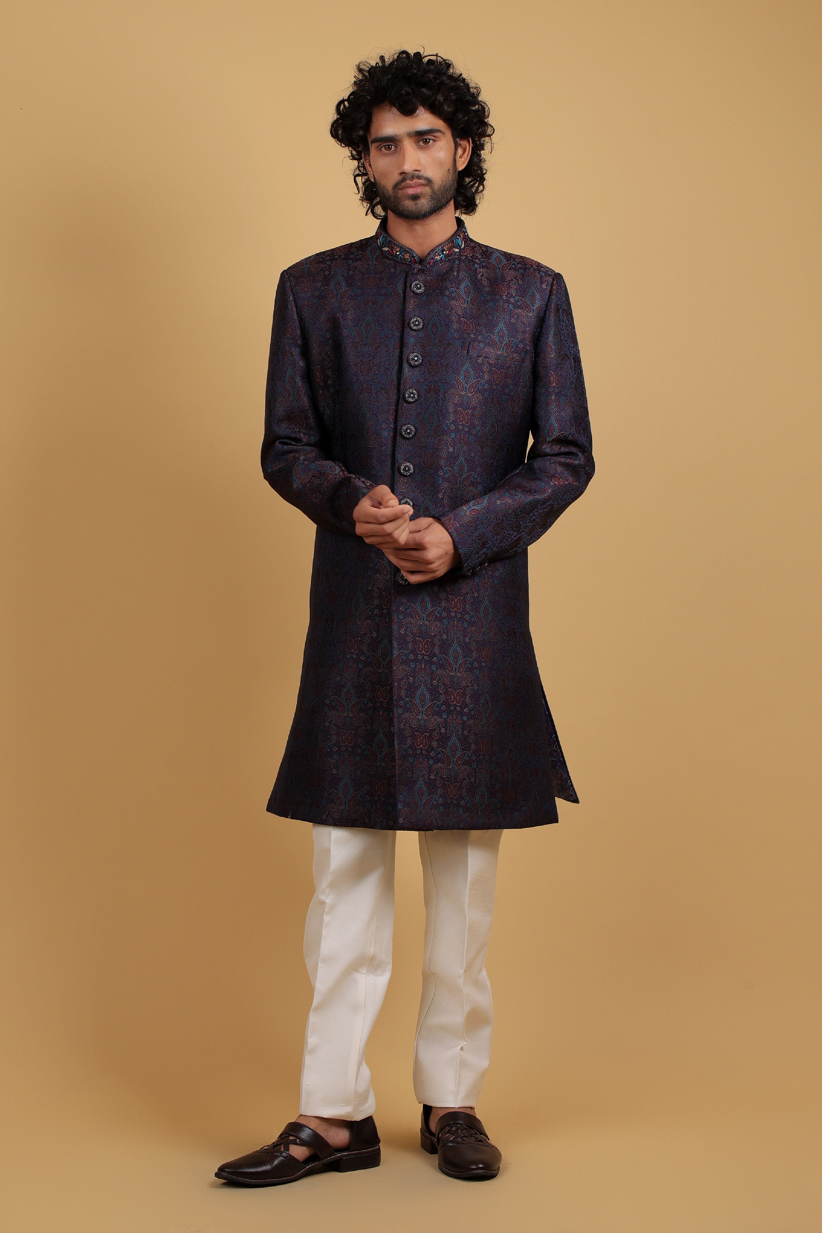 Blue Royale Self-Jacquard Indo-Western Ensemble