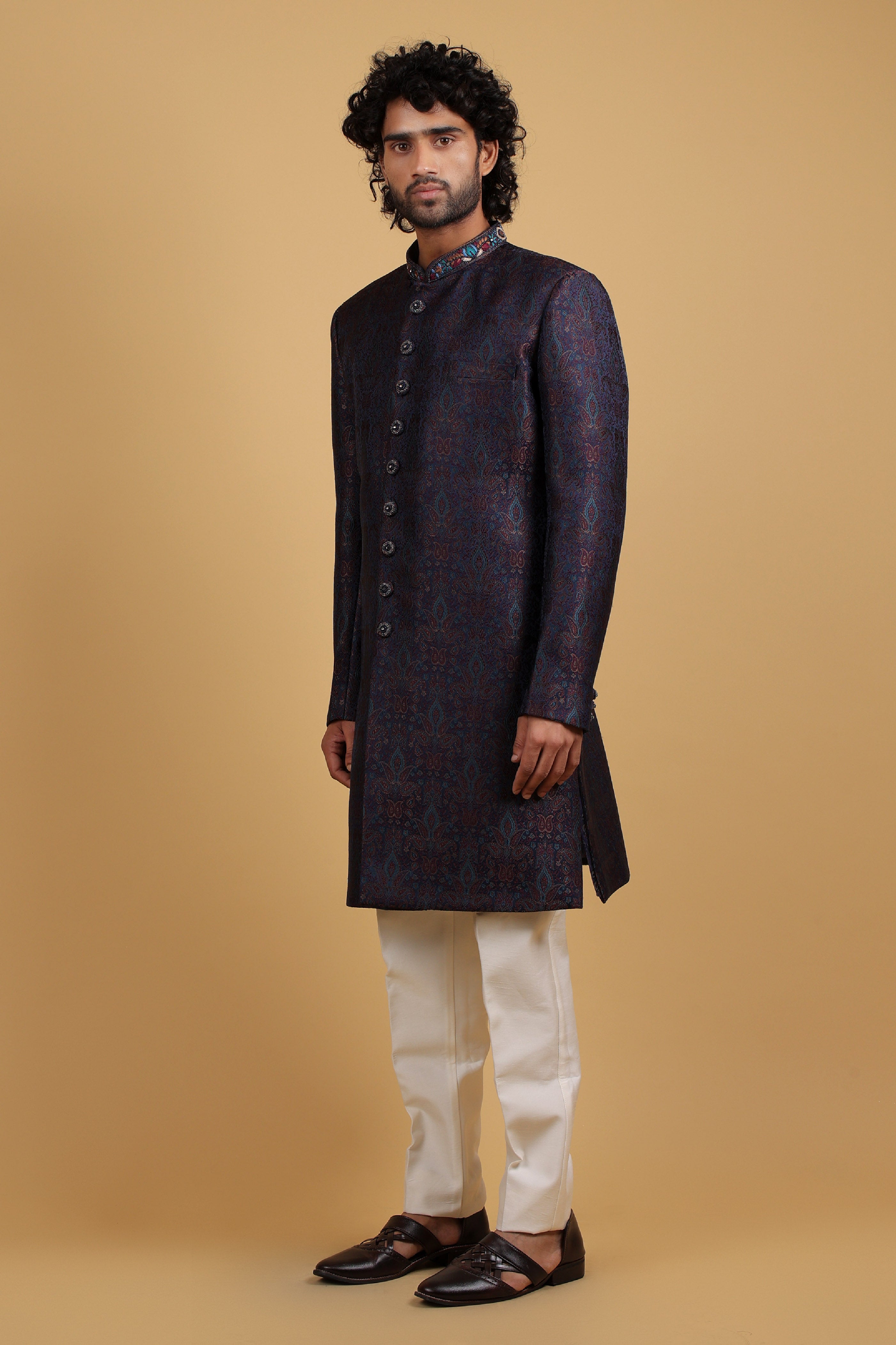 Blue Royale Self-Jacquard Indo-Western Ensemble