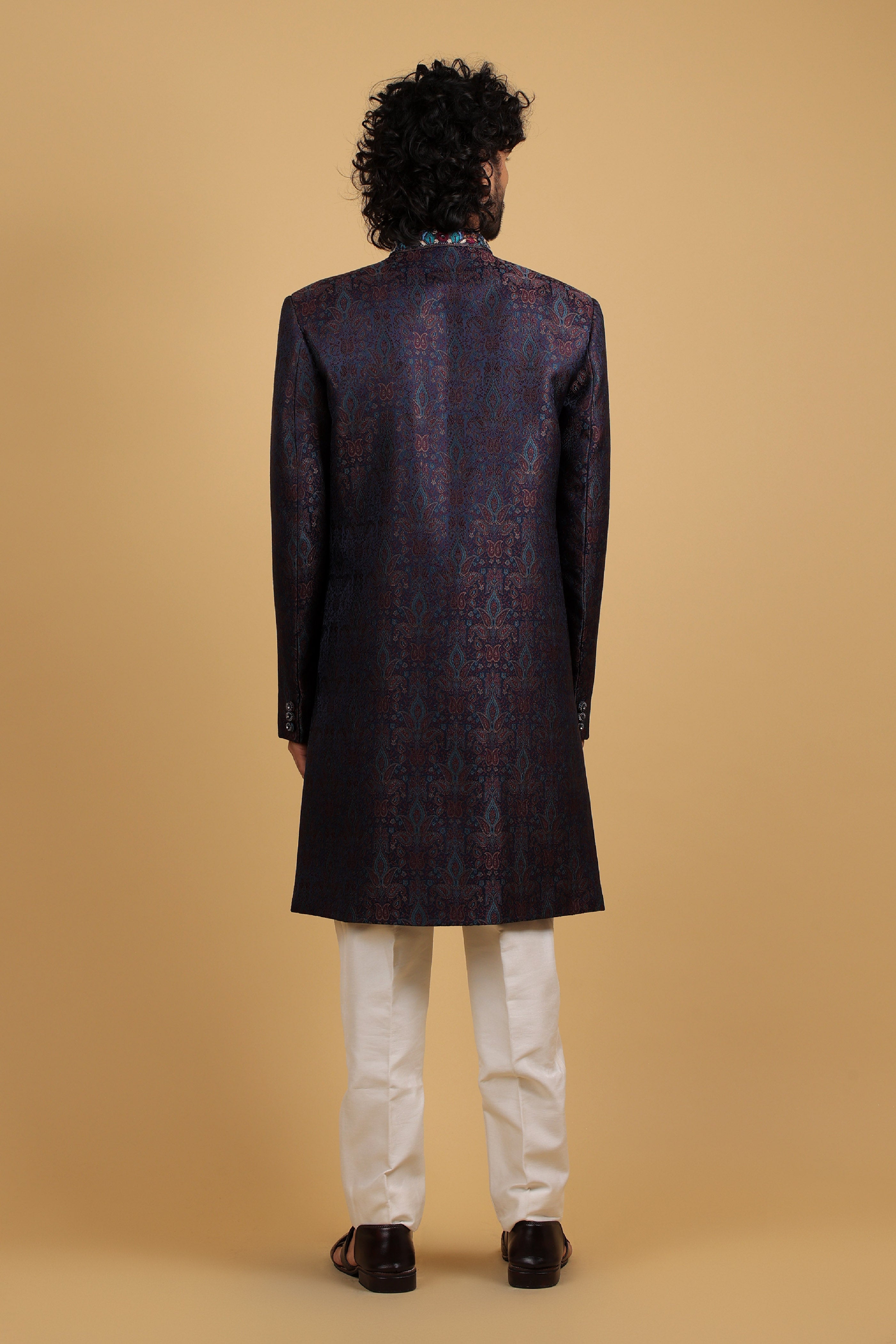 Blue Royale Self-Jacquard Indo-Western Ensemble