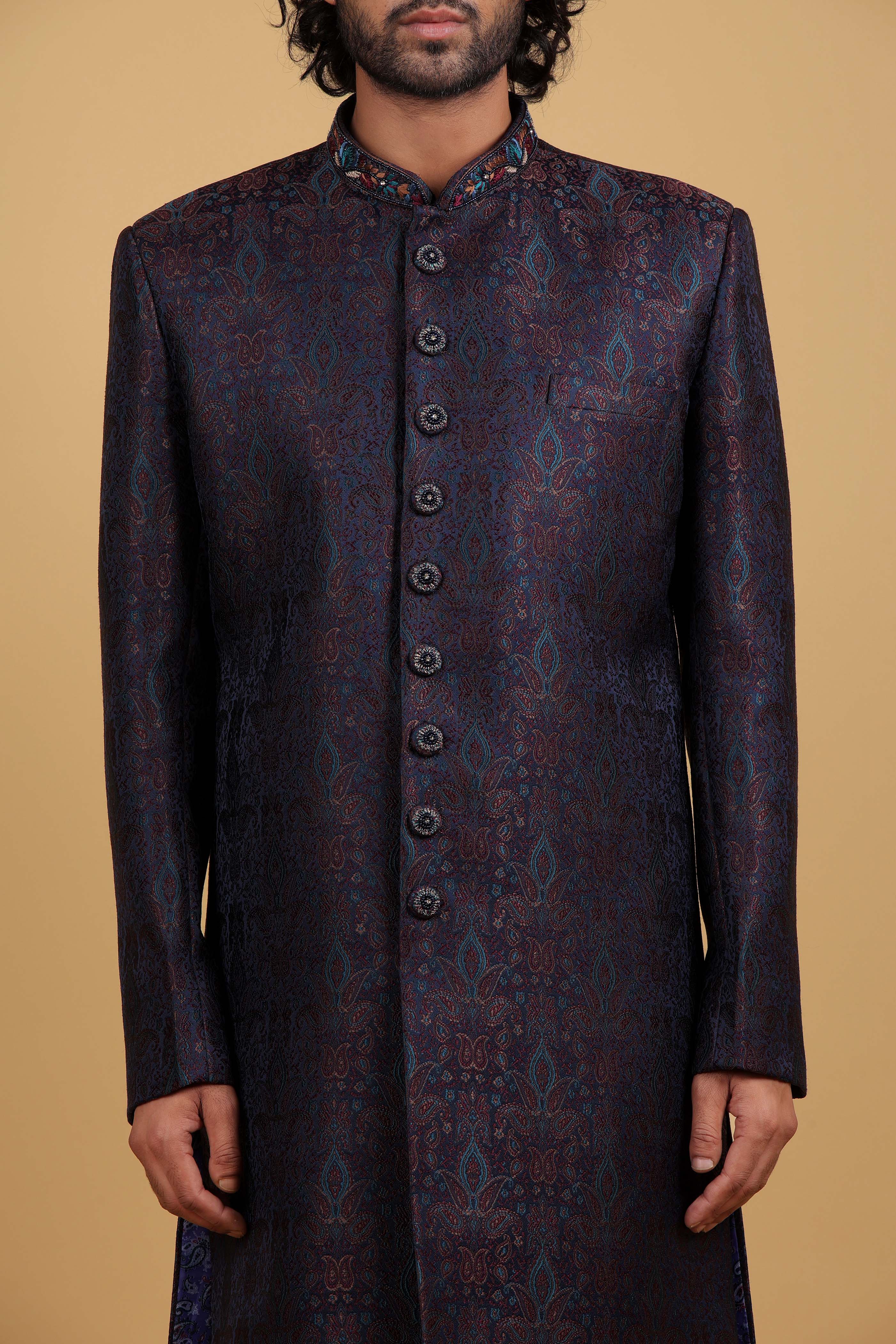 Blue Royale Self-Jacquard Indo-Western Ensemble