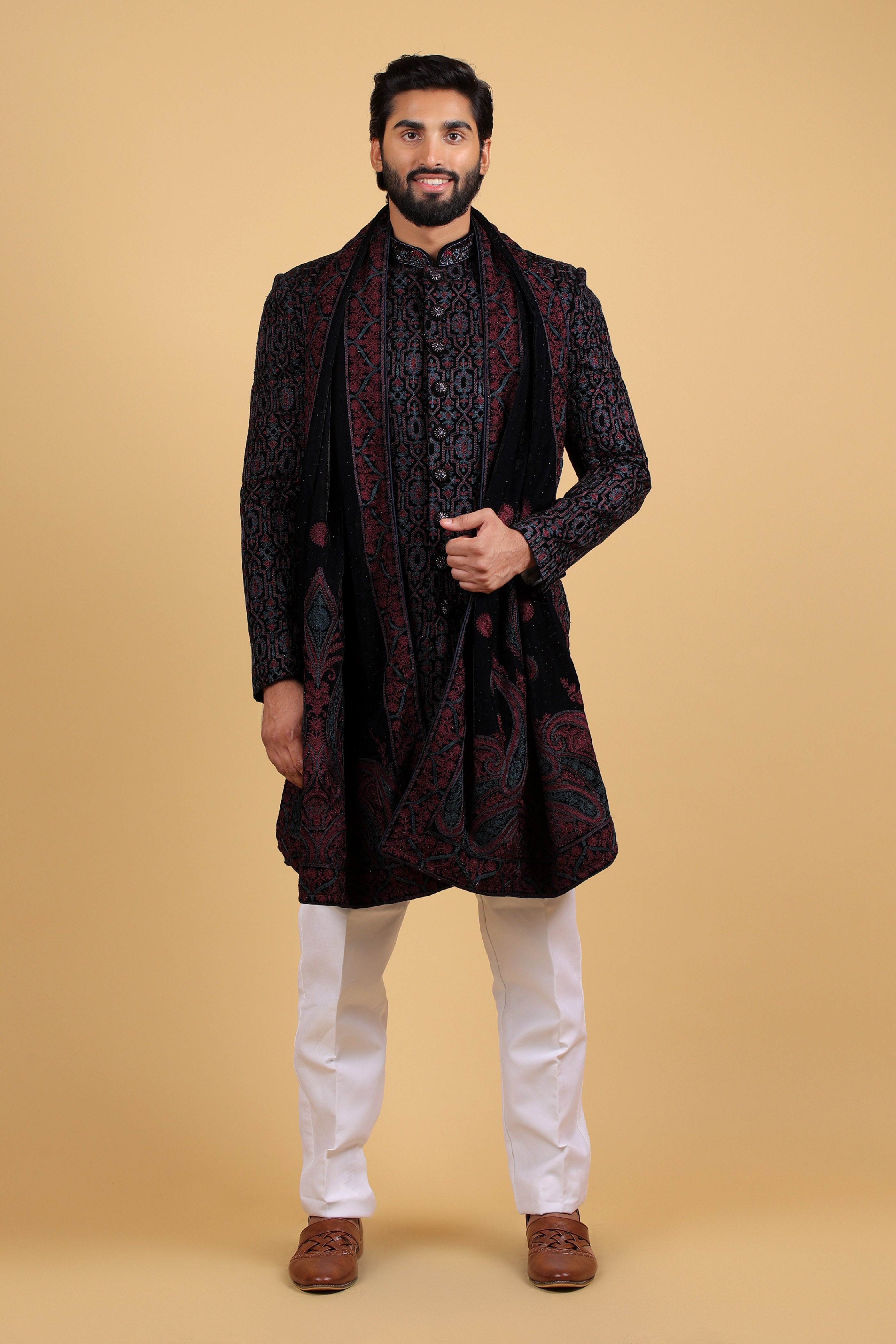 Navy Regal Embroidered Indo-Western Ensemble with Stole