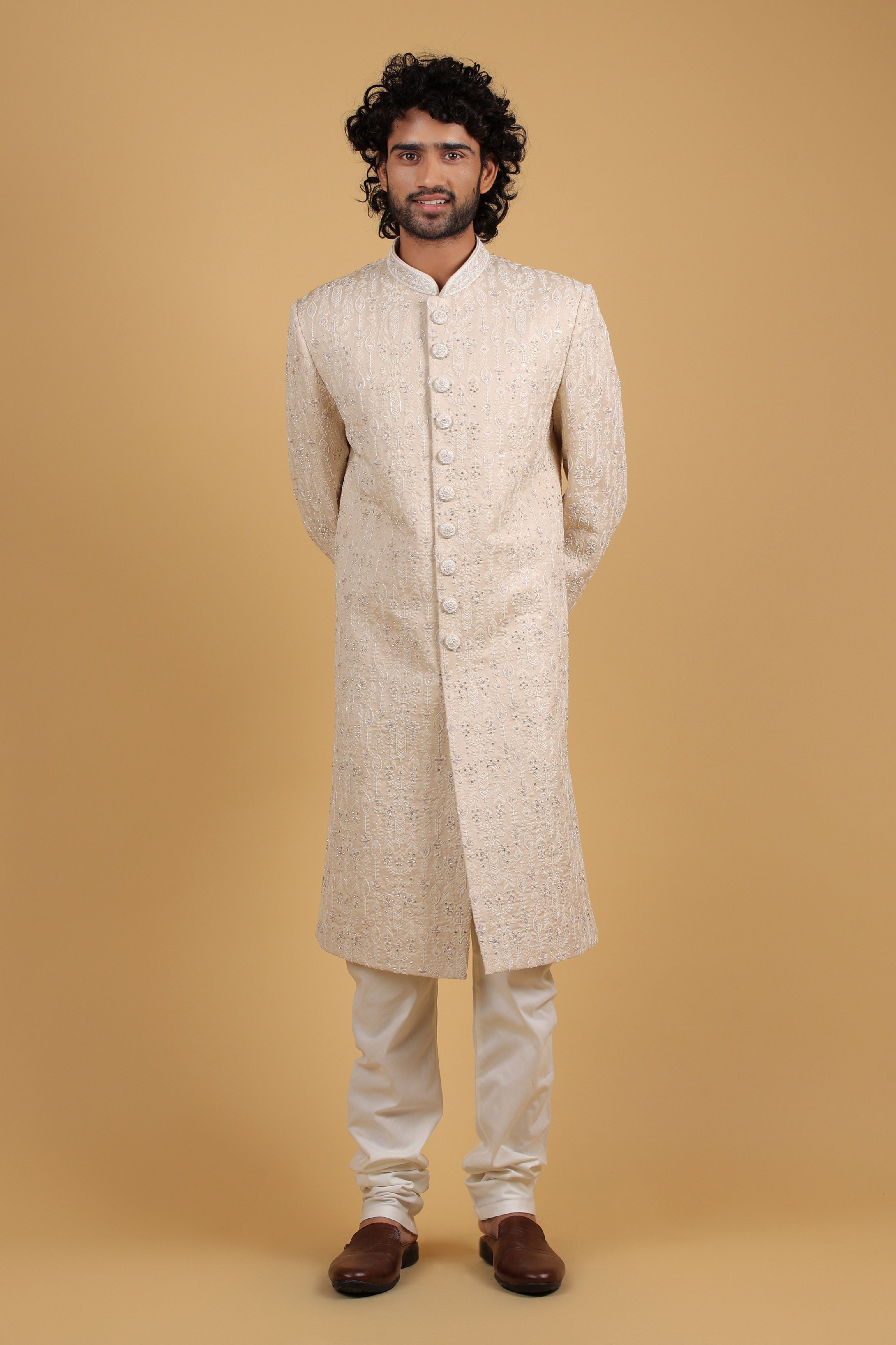 Regal Camel Silk Sherwani with Intricate Hand Embroidery