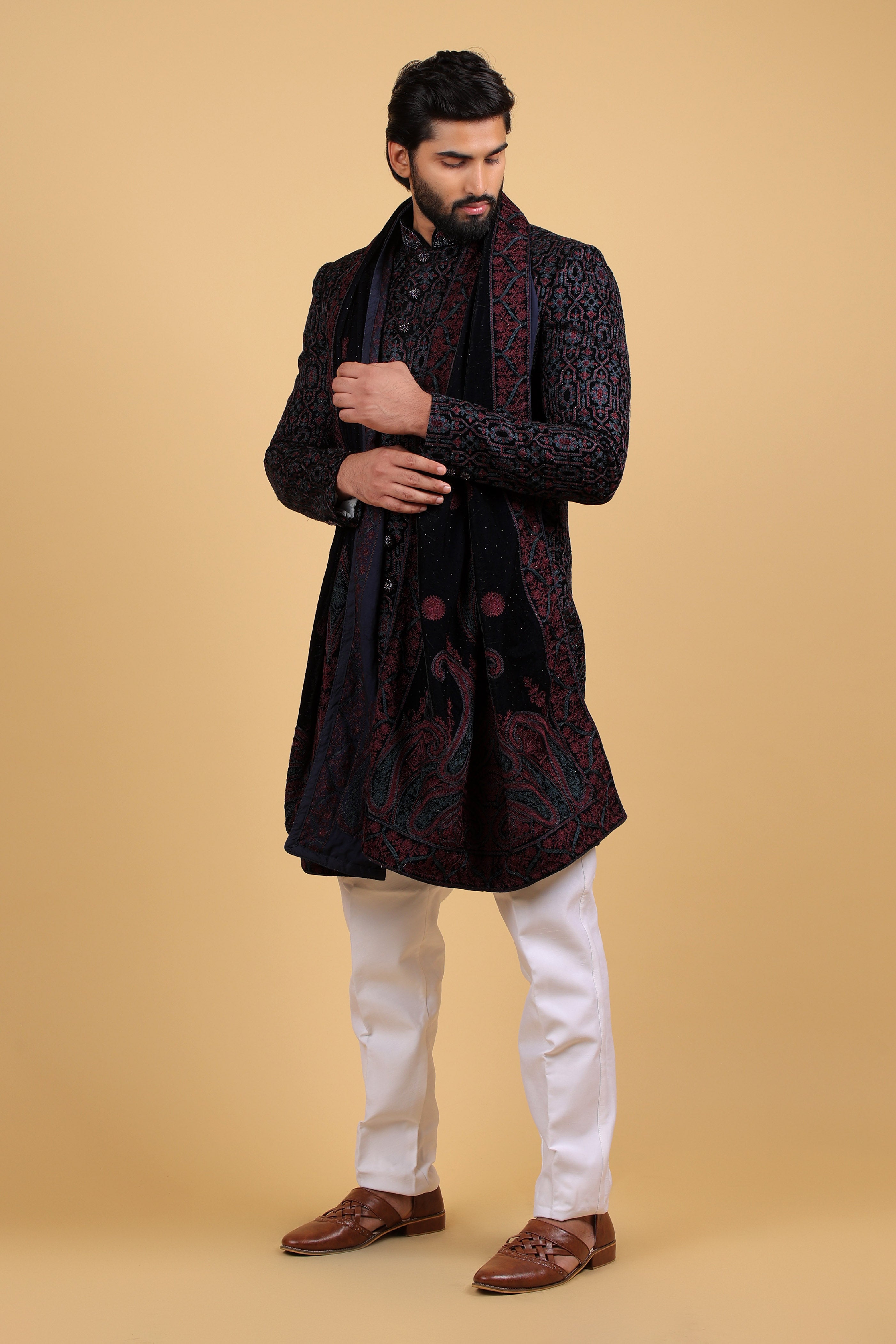 Navy Regal Embroidered Indo-Western Ensemble with Stole