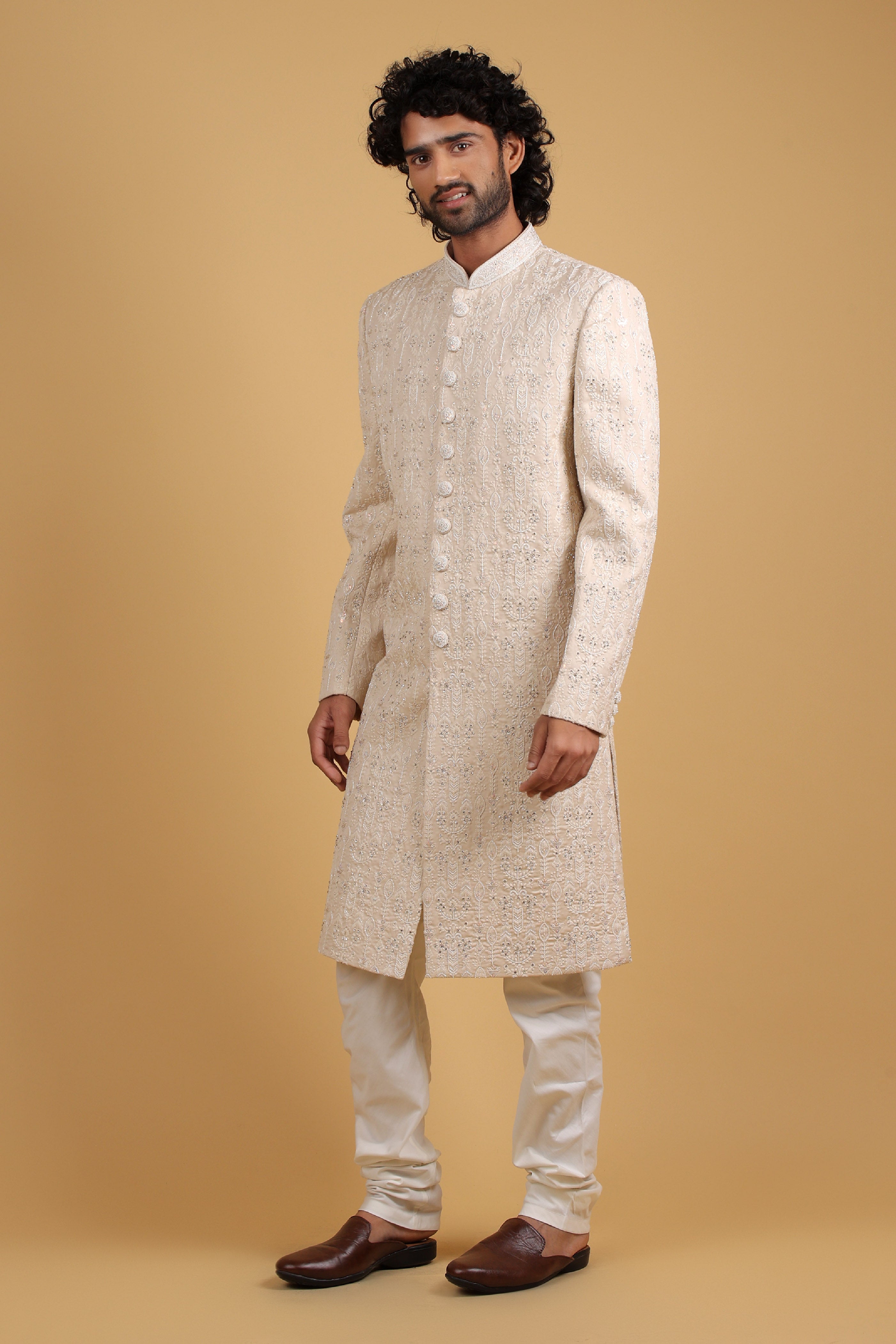 Regal Camel Silk Sherwani with Intricate Hand Embroidery