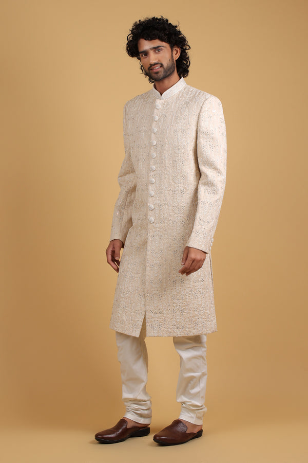 Regal Camel Silk Sherwani with Intricate Hand Embroidery