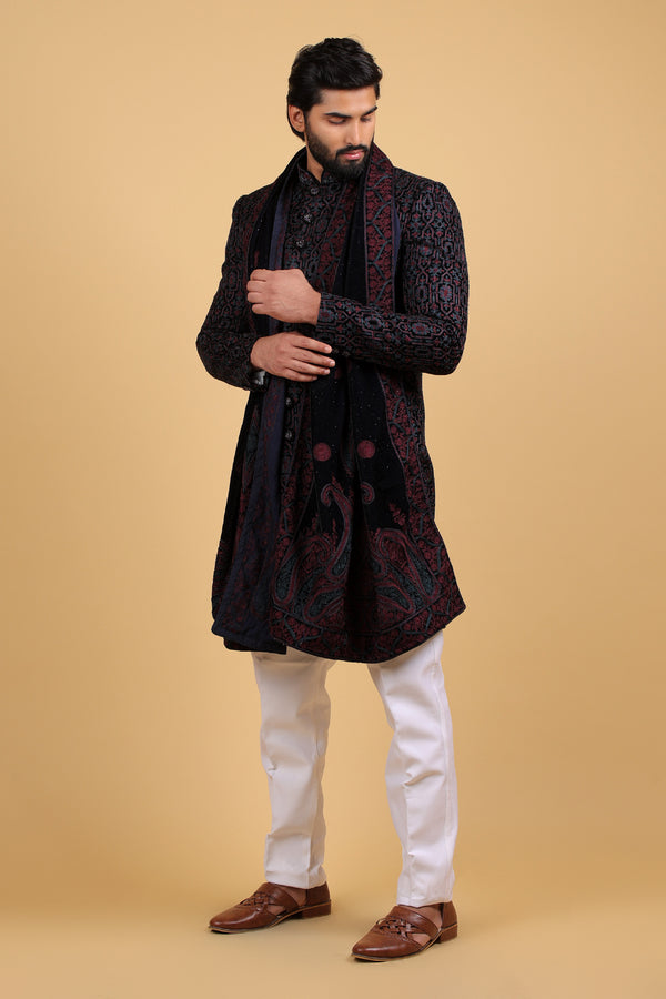 Navy Regal Embroidered Indo-Western Ensemble with Stole