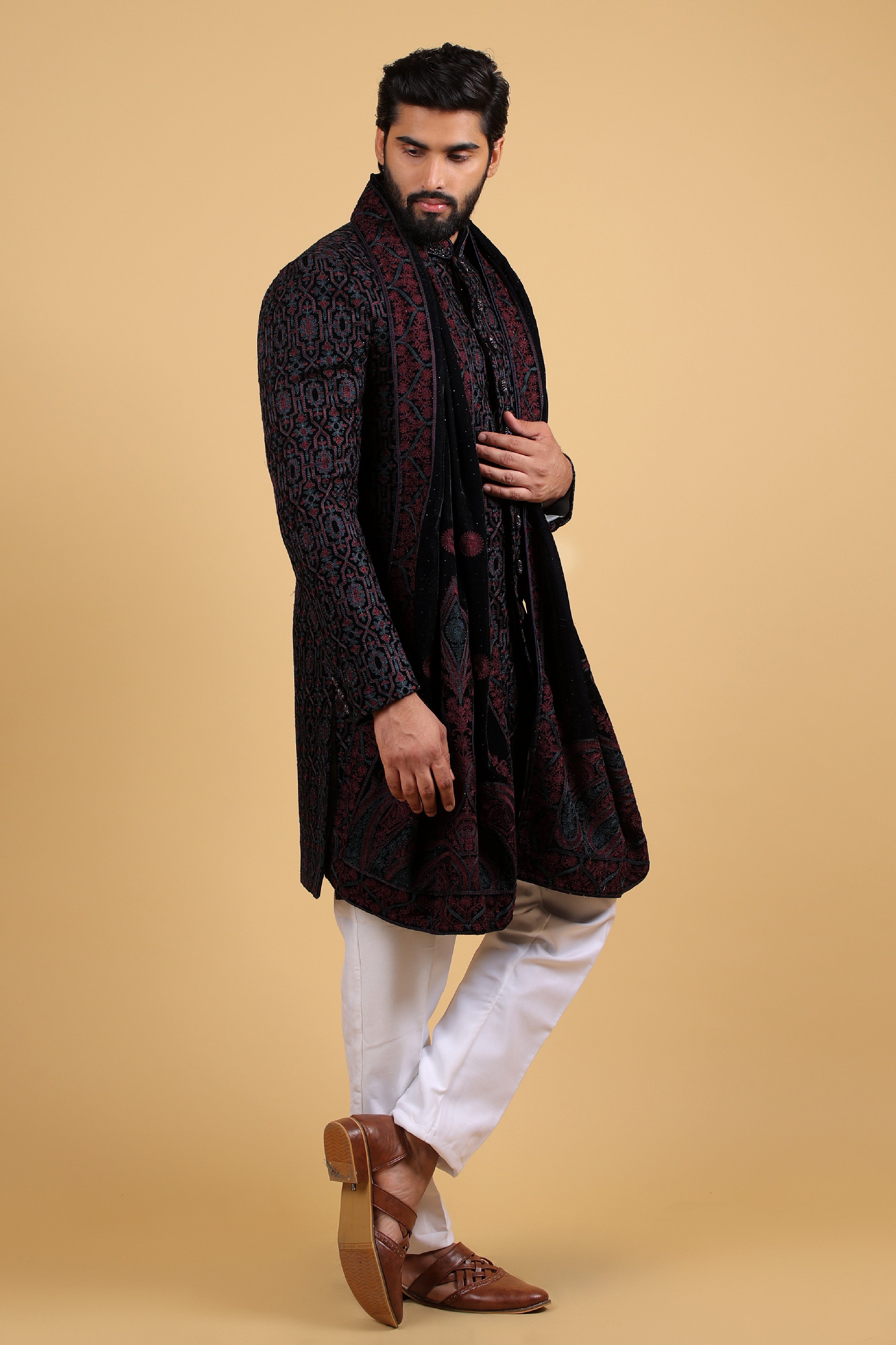Navy Regal Embroidered Indo-Western Ensemble with Stole