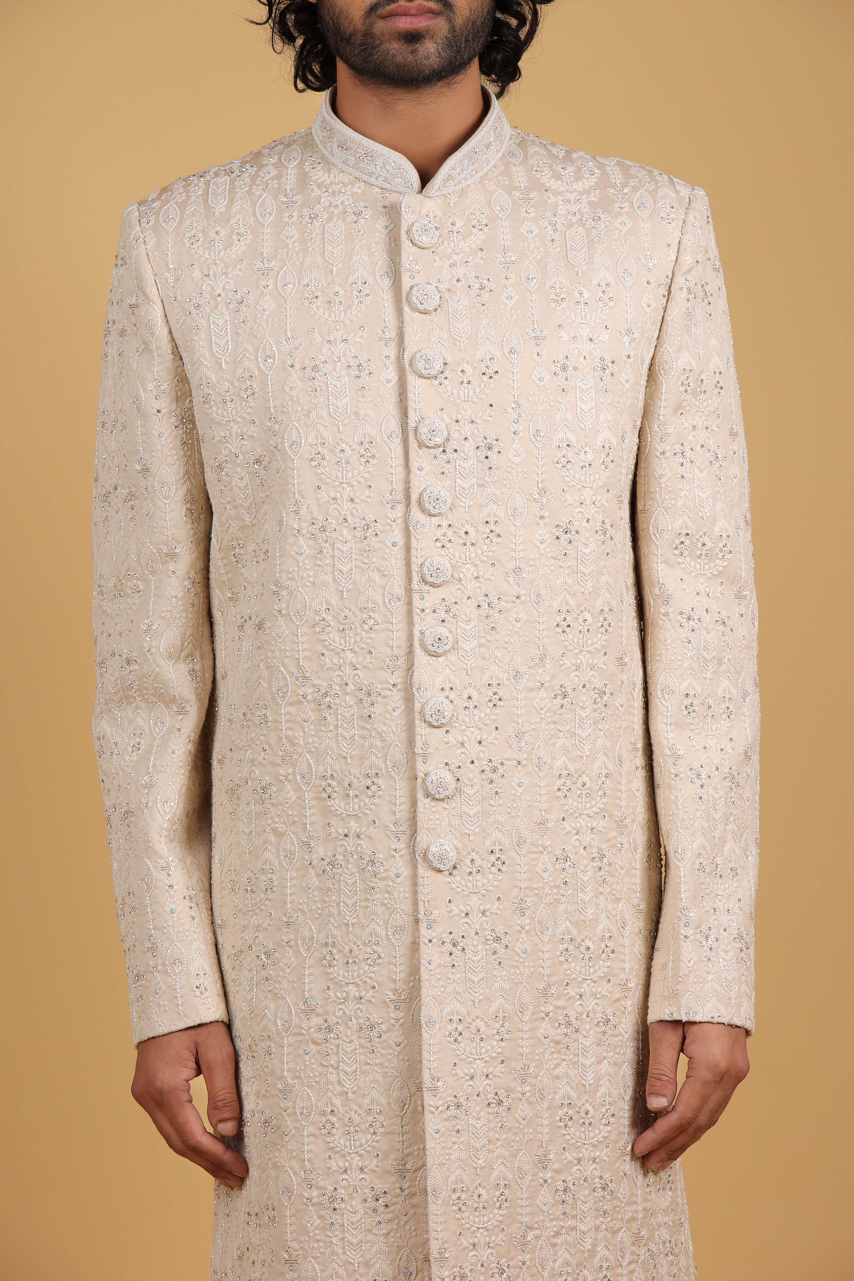 Regal Camel Silk Sherwani with Intricate Hand Embroidery