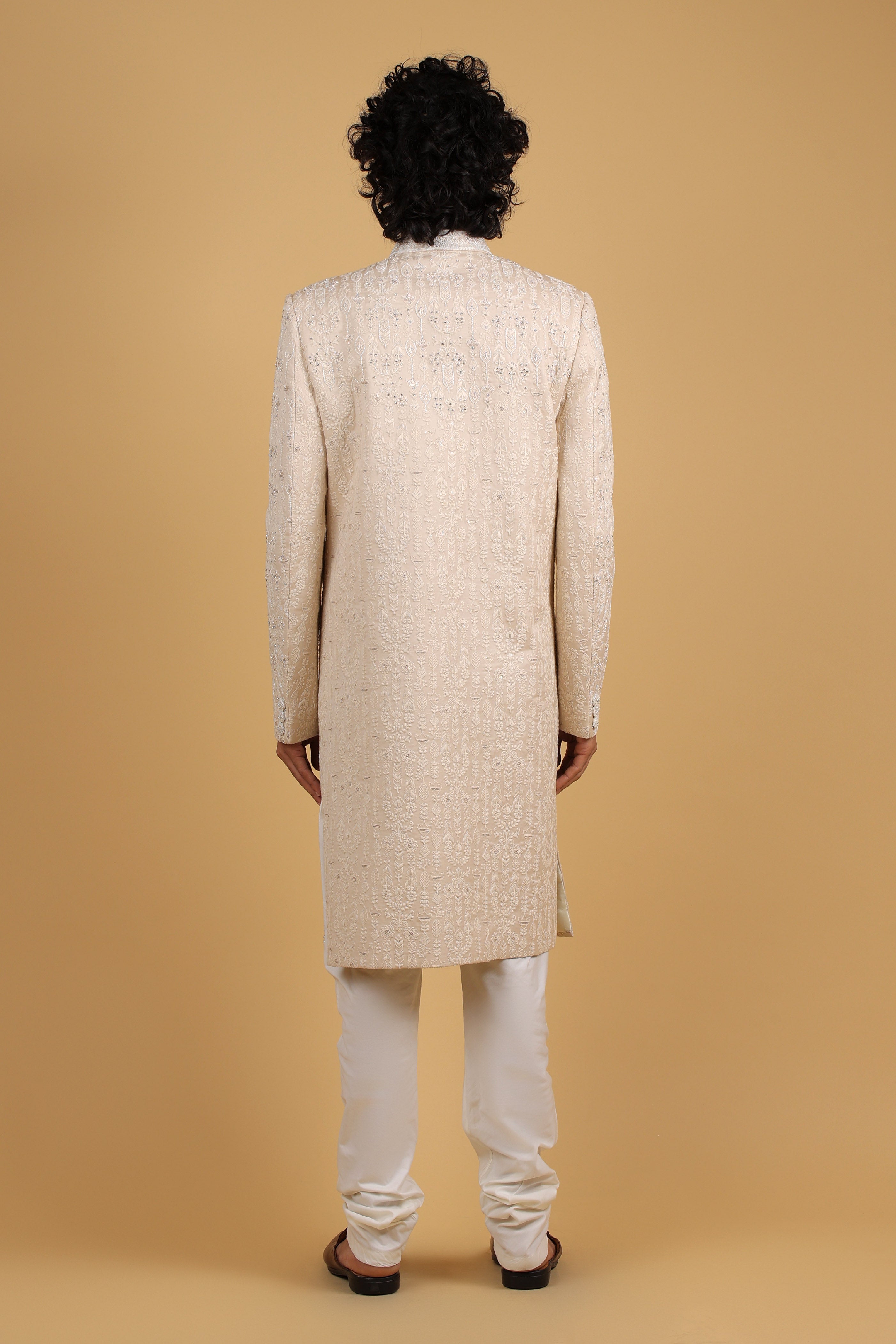 Regal Camel Silk Sherwani with Intricate Hand Embroidery