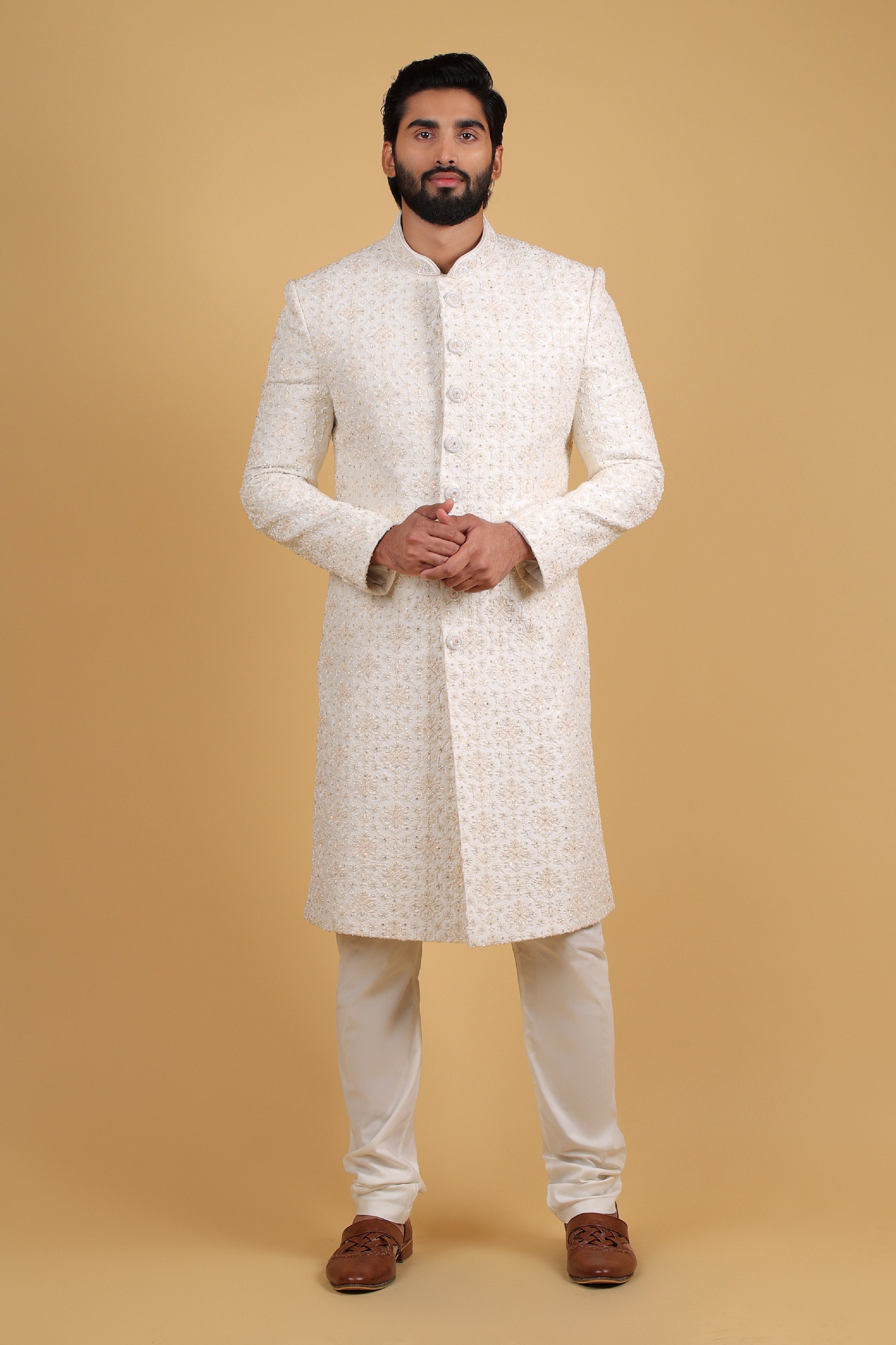 Majestic Cream Silk Sherwani with Royal Hand Embellishment
