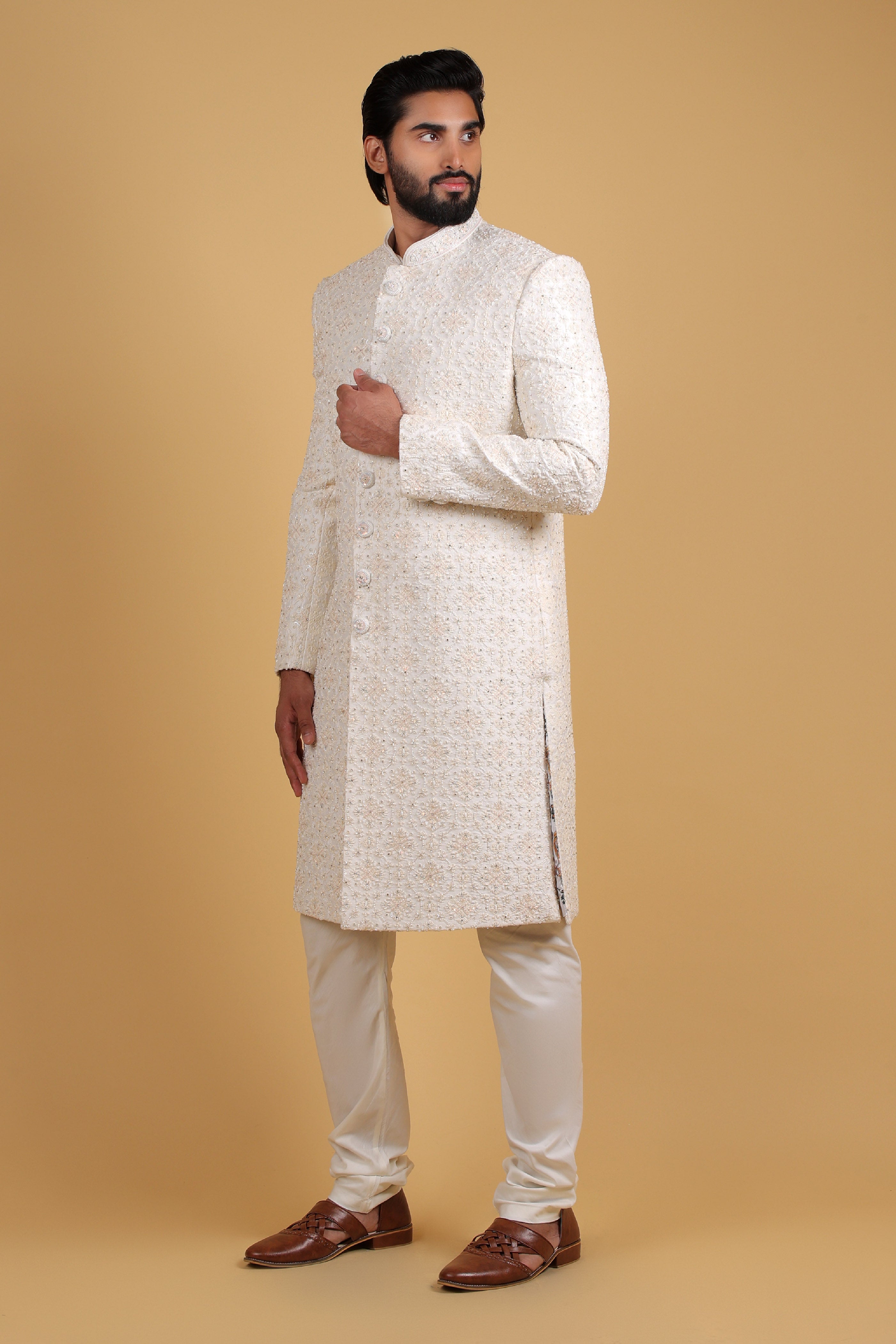 Majestic Cream Silk Sherwani with Royal Hand Embellishment