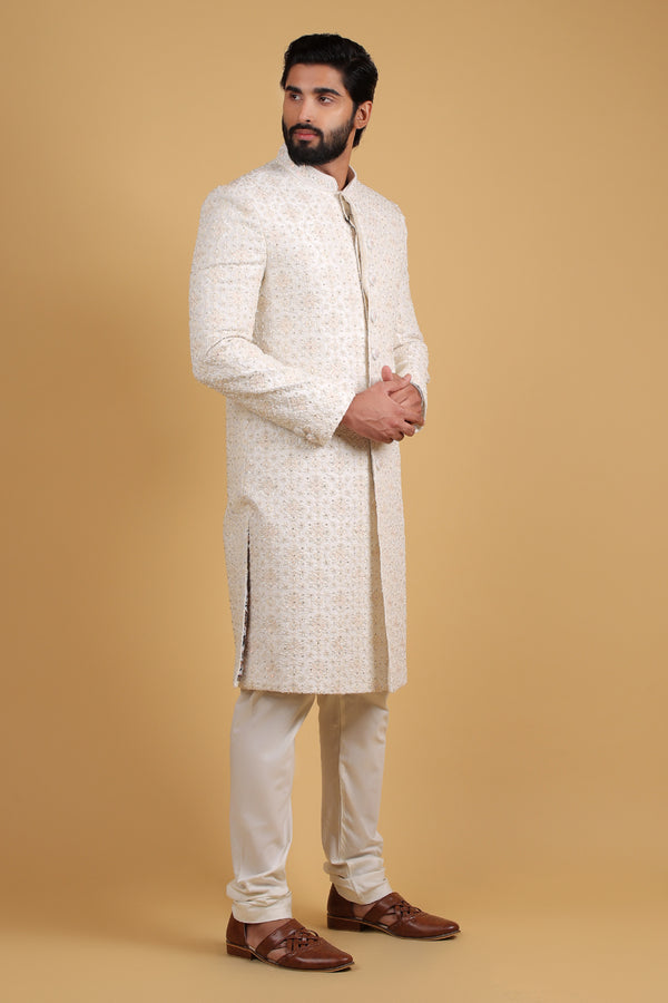 Majestic Cream Silk Sherwani with Royal Hand Embellishment