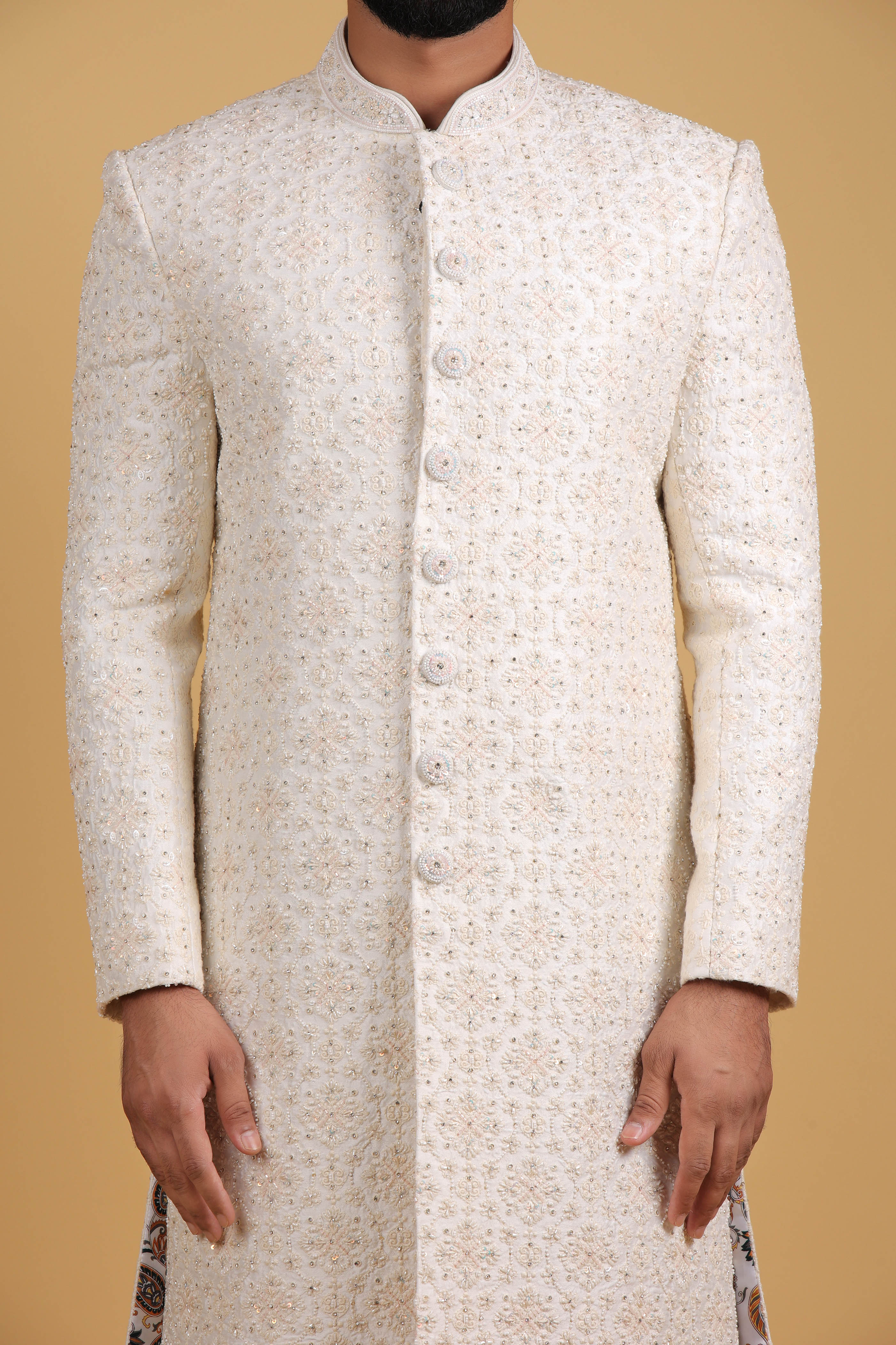 Majestic Cream Silk Sherwani with Royal Hand Embellishment