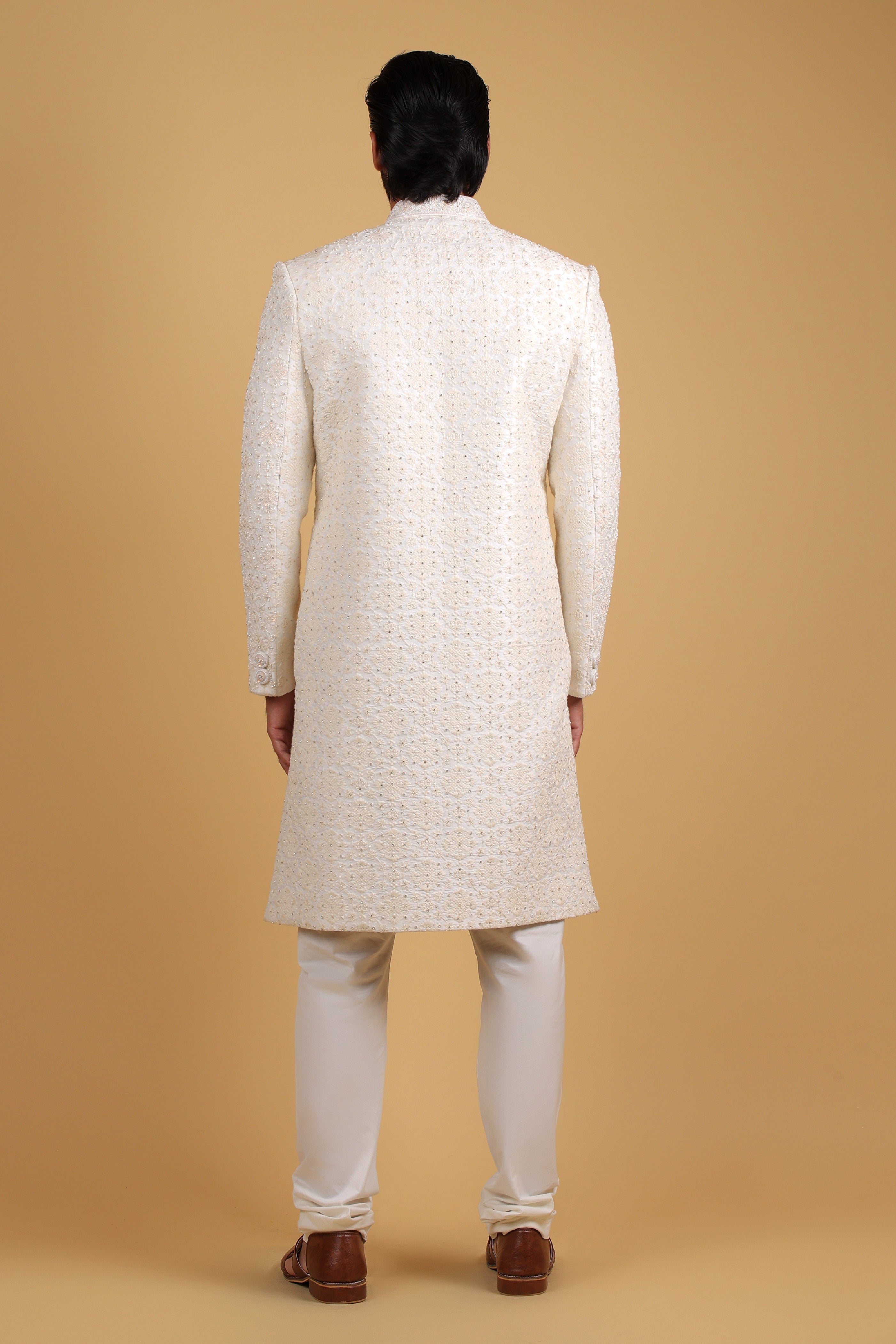 Majestic Cream Silk Sherwani with Royal Hand Embellishment