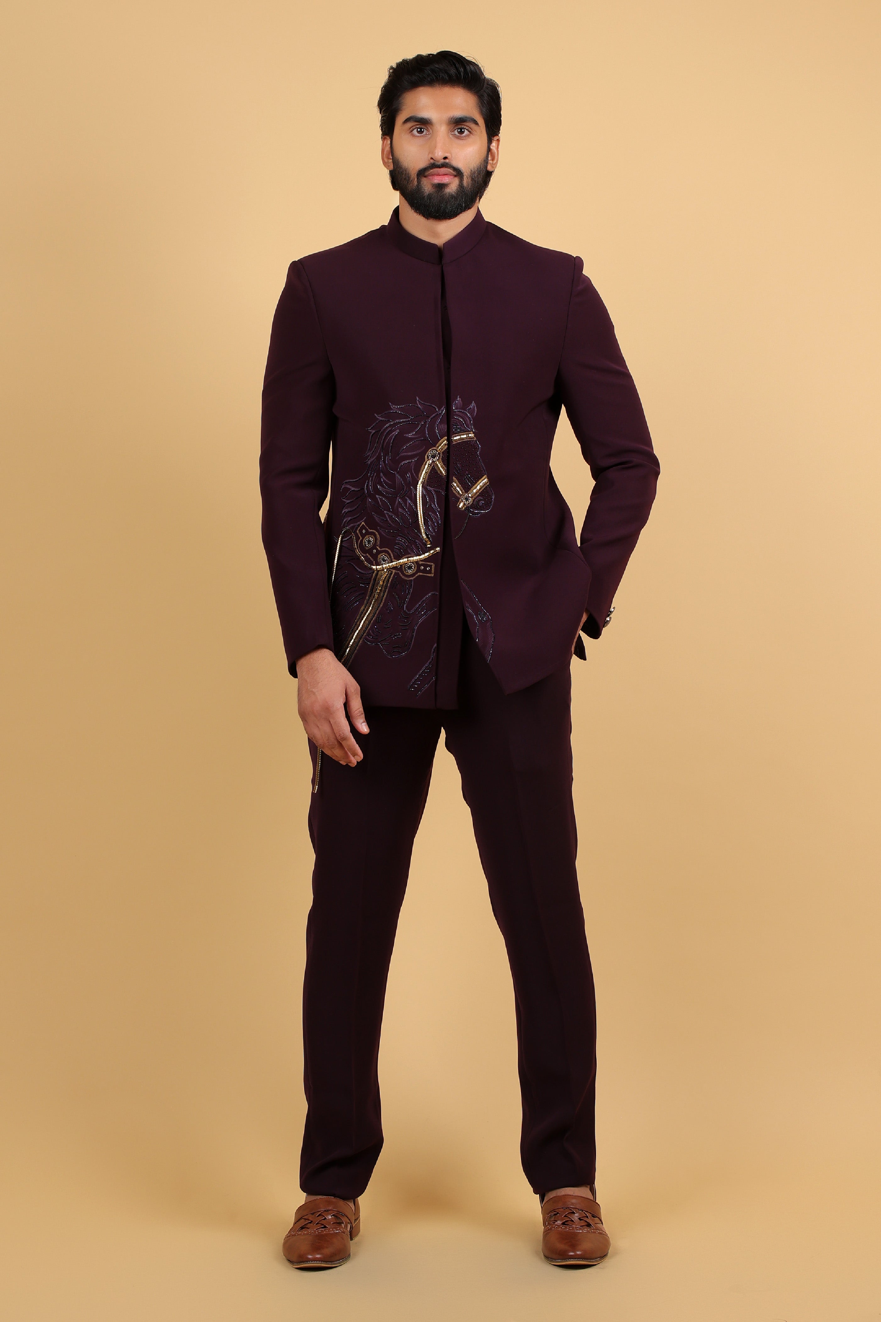 Imperial Wine Embroidered Horse Motif Bandhgala