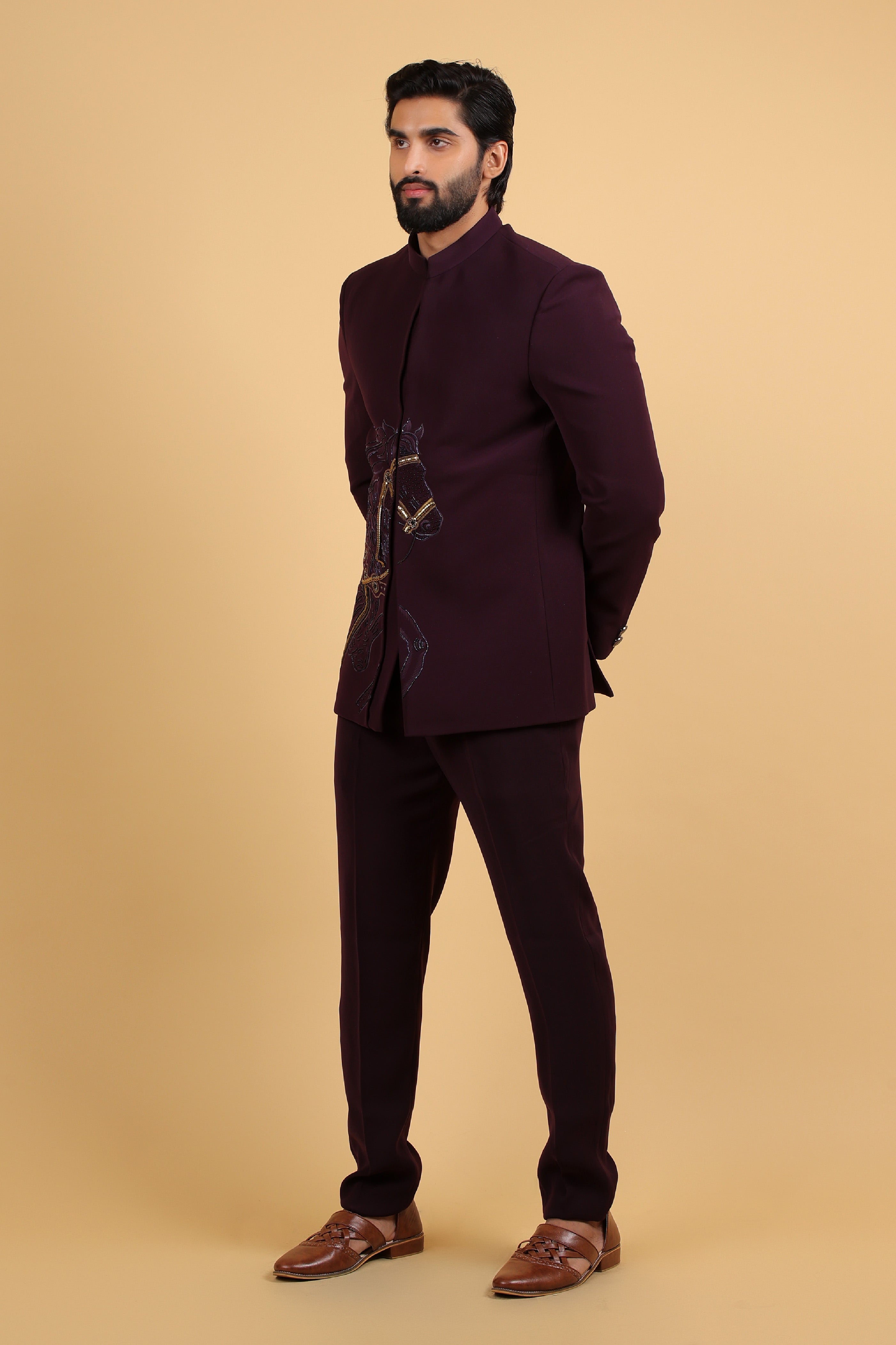 Imperial Wine Embroidered Horse Motif Bandhgala