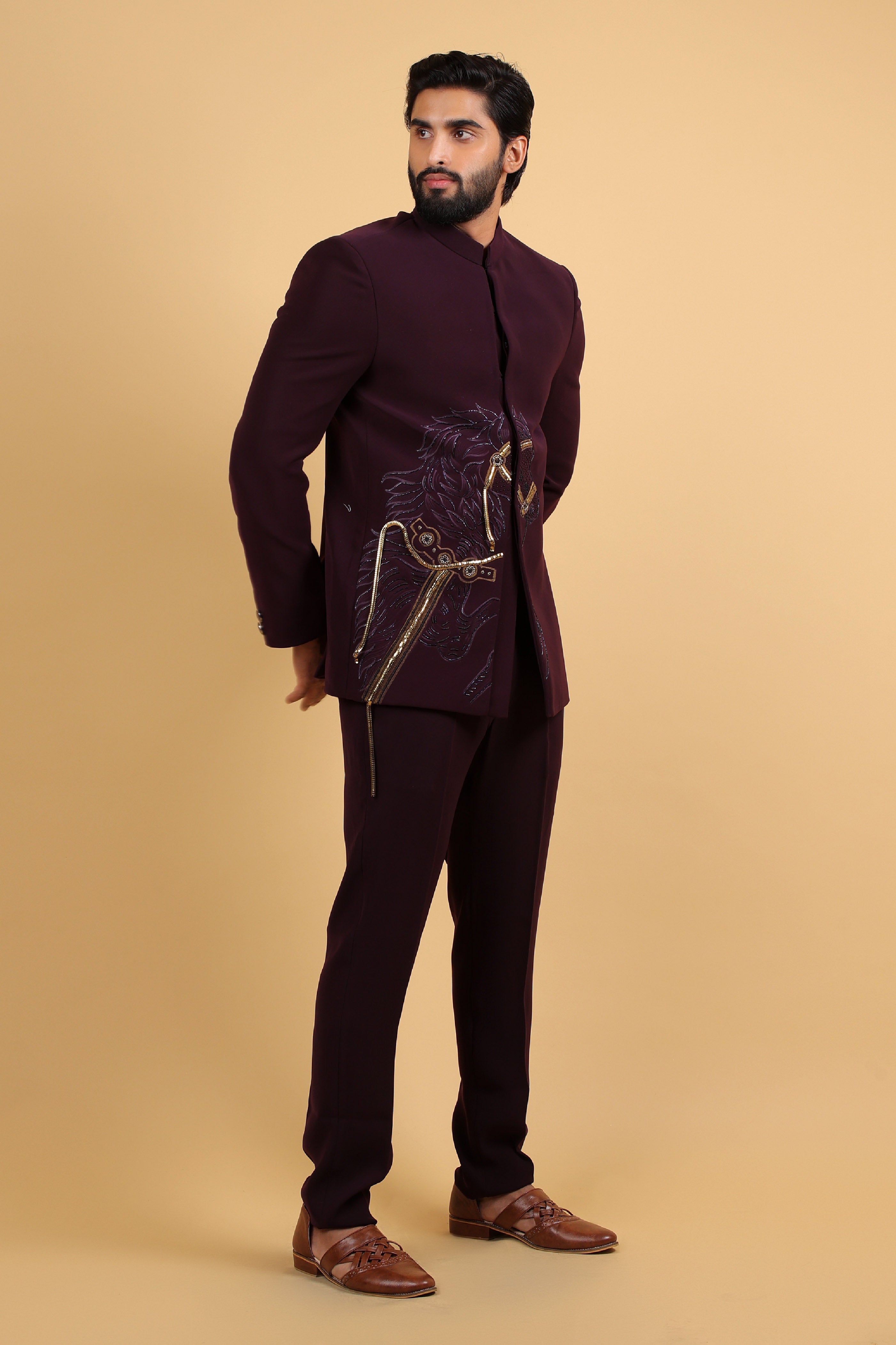 Imperial Wine Embroidered Horse Motif Bandhgala