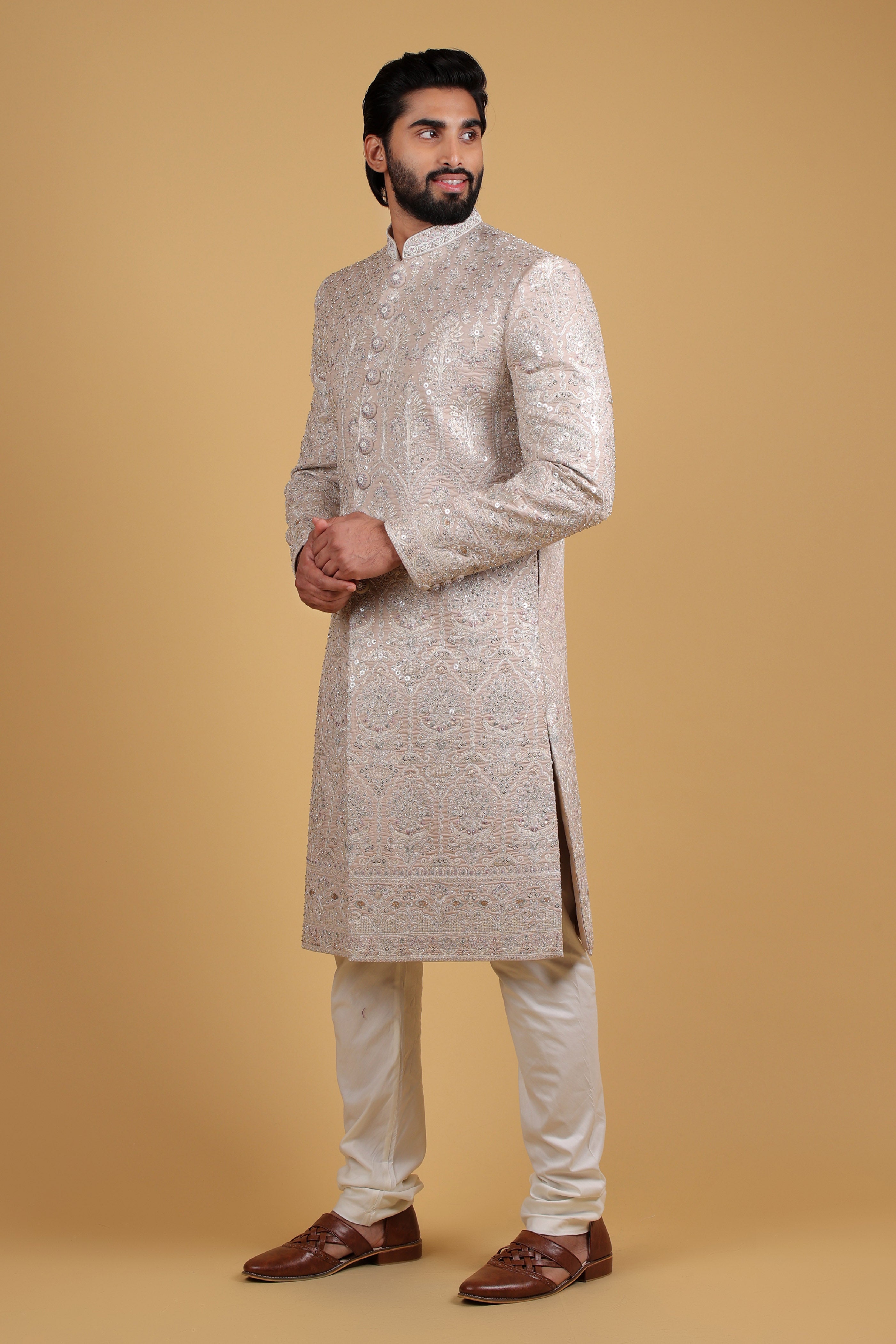 Majestic Ivory Handcrafted Zari Sherwani