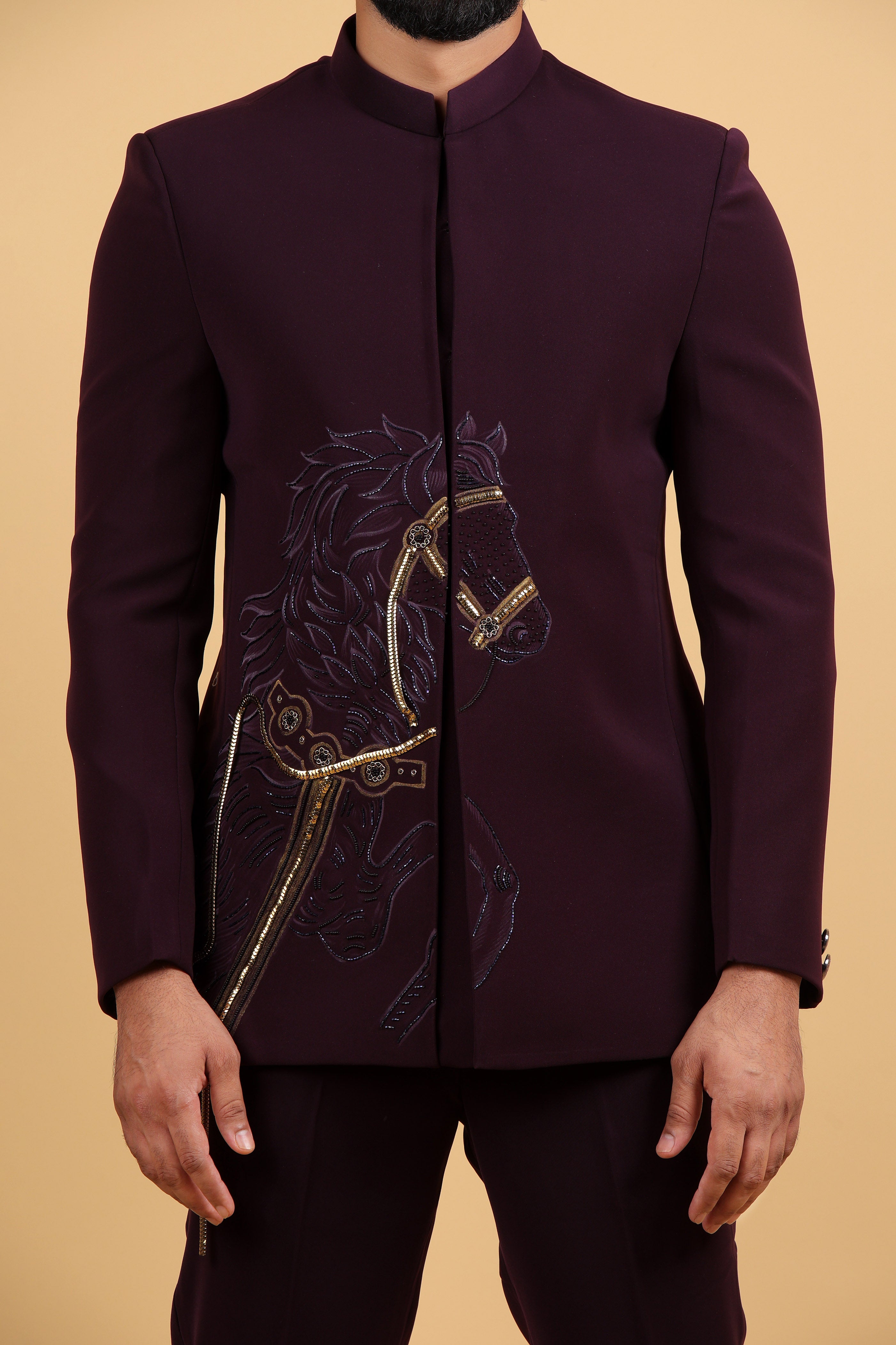 Imperial Wine Embroidered Horse Motif Bandhgala