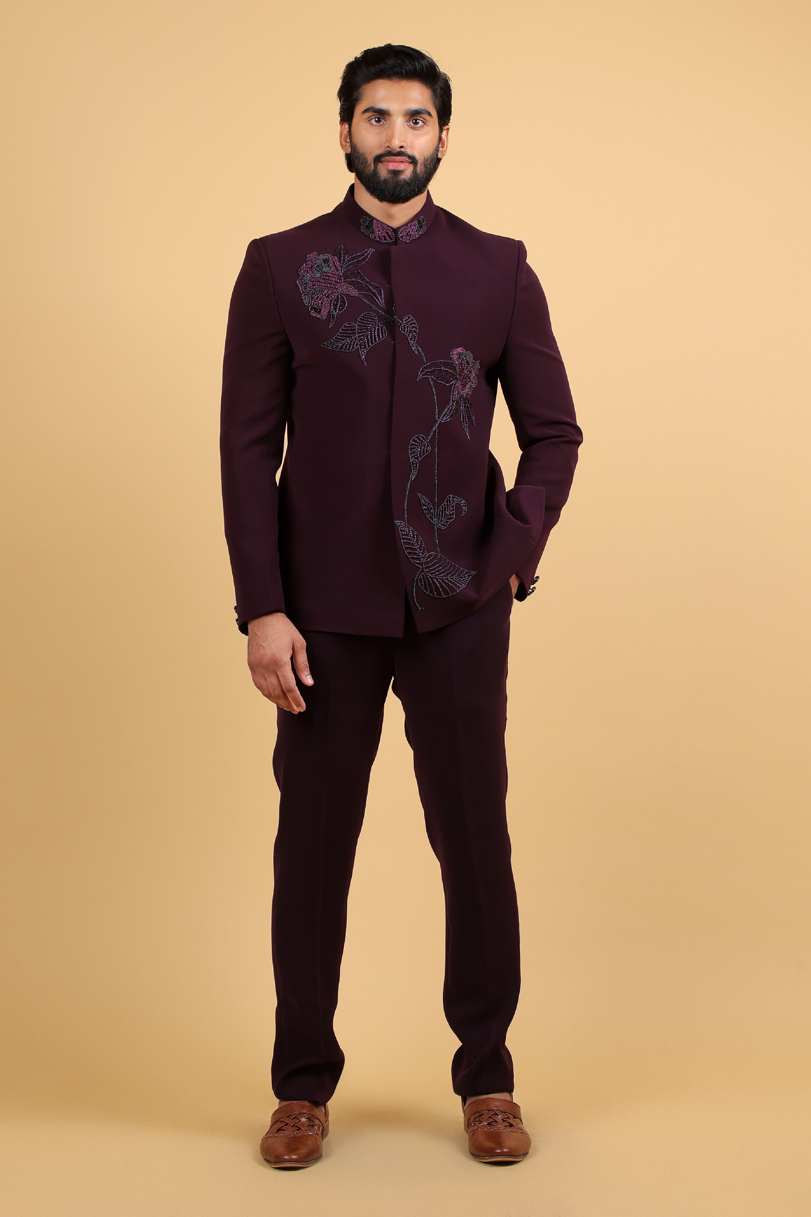Imperial Wine Hand-Embroidered Bandhgala Ensemble