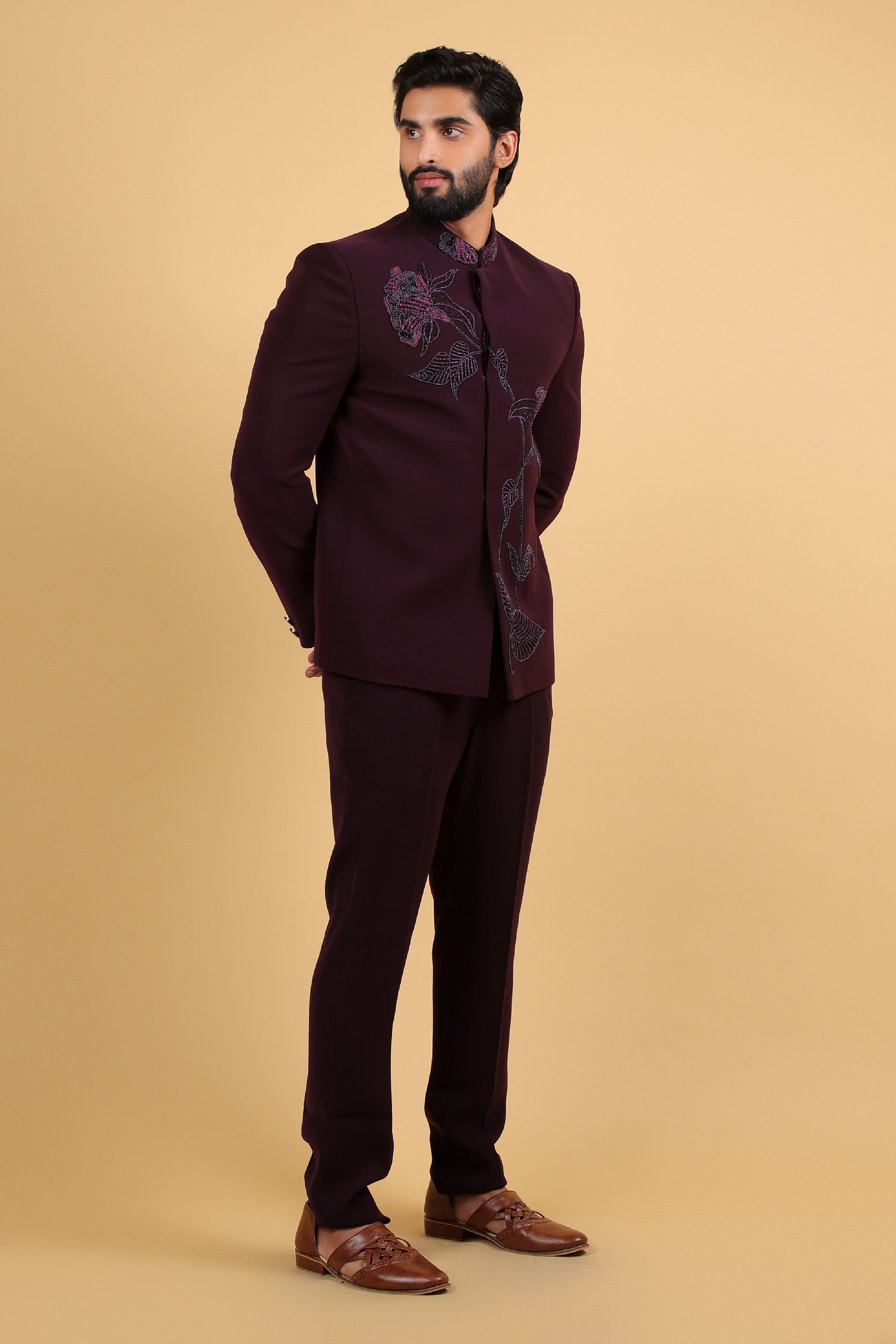 Imperial Wine Hand-Embroidered Bandhgala Ensemble