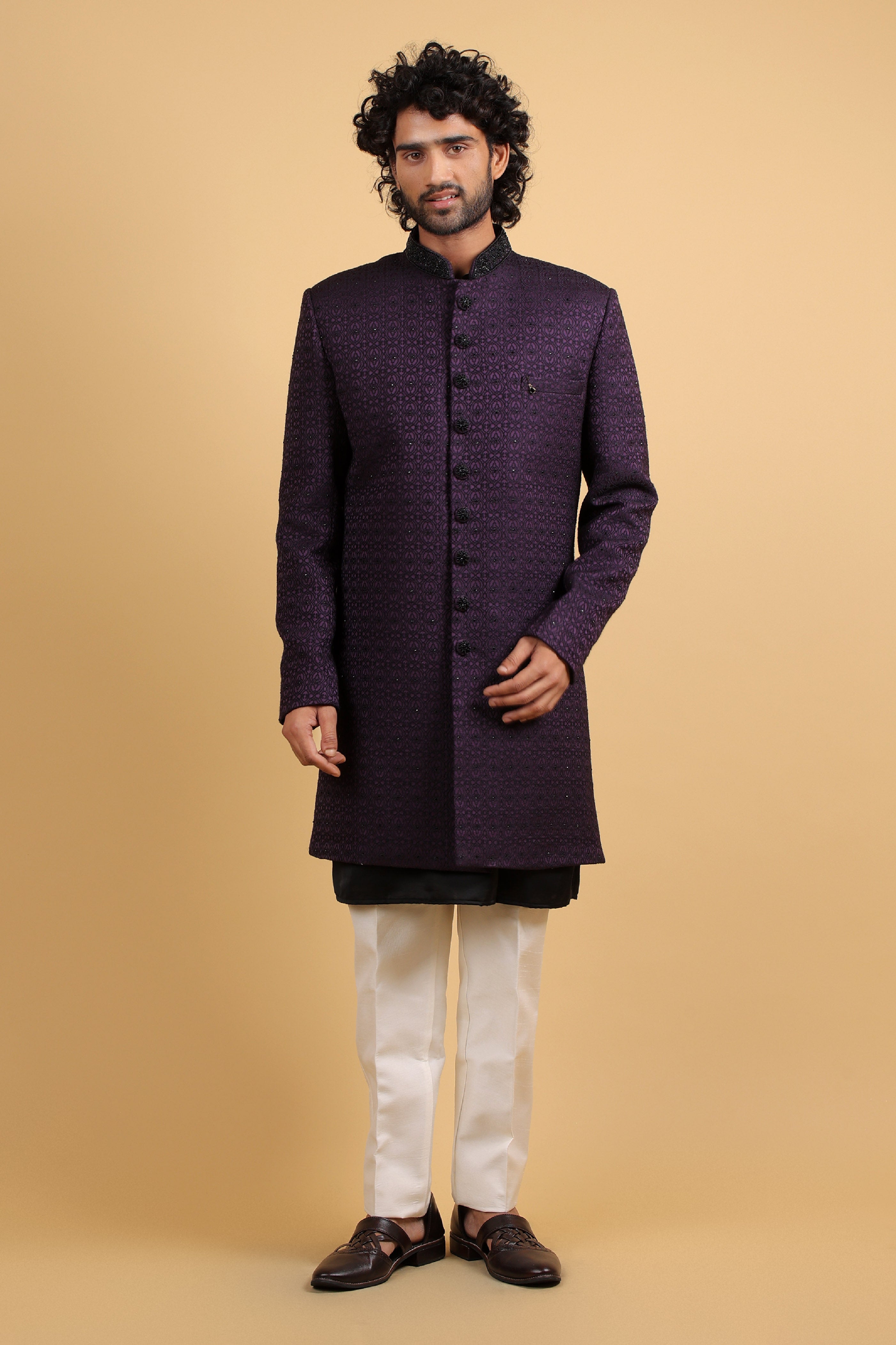 Regal Stone-Embellished Dark Purple Indo-Western Set