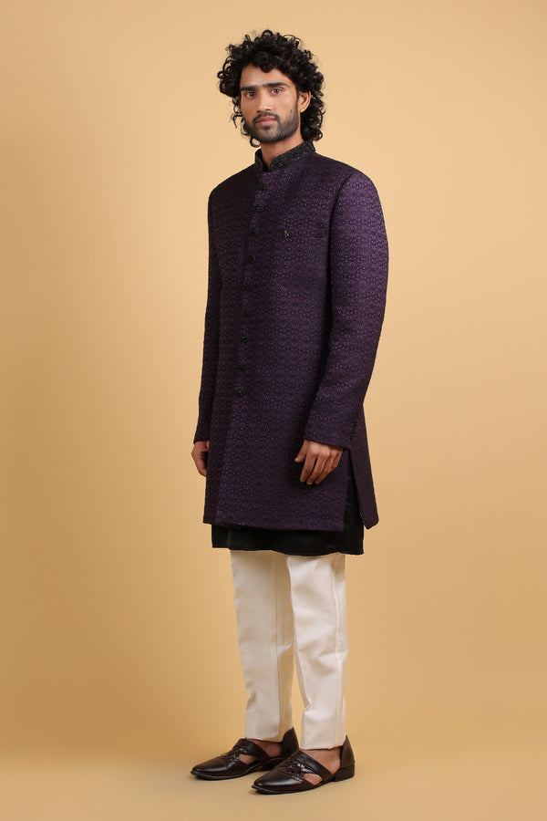 Regal Stone-Embellished Dark Purple Indo-Western Set