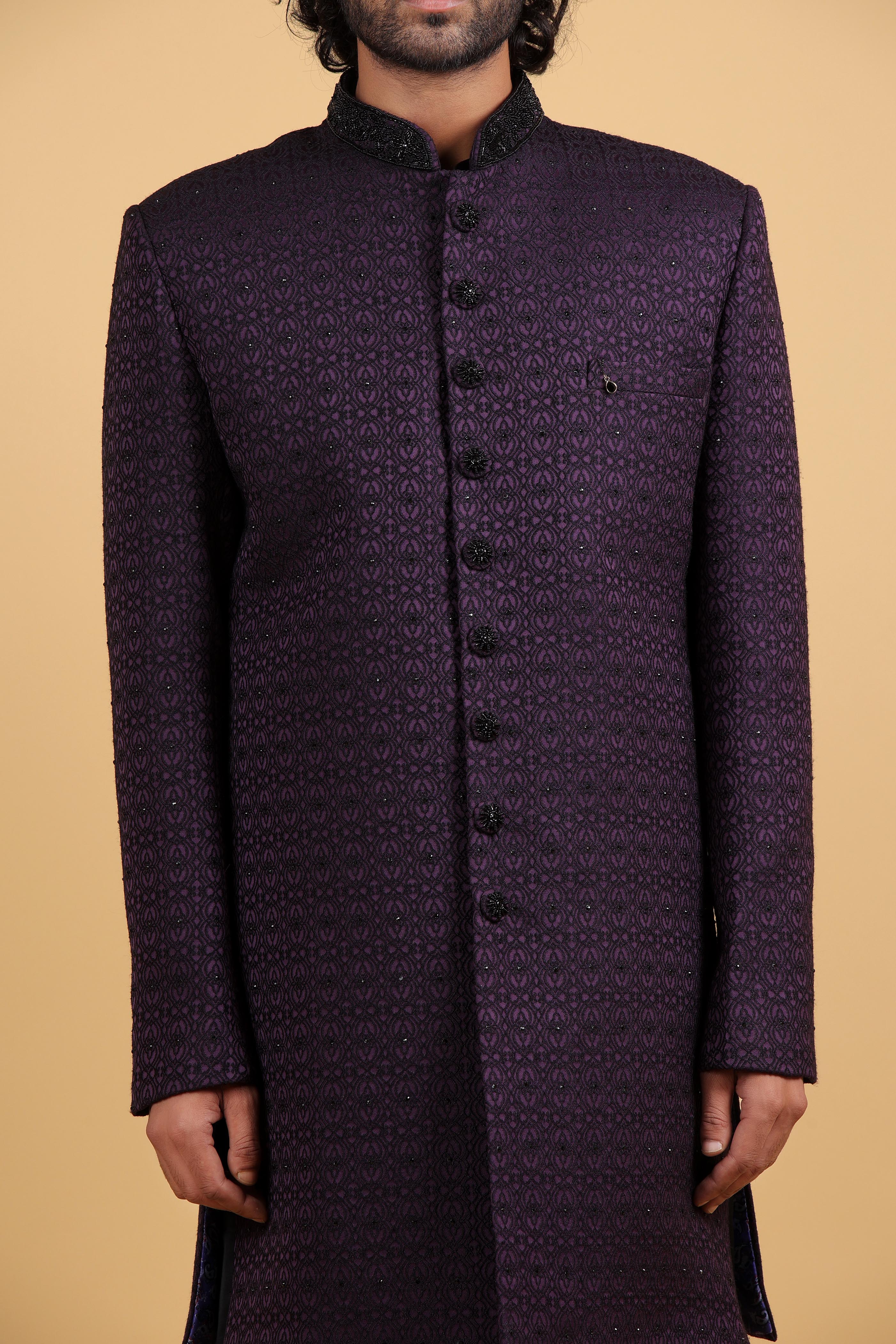 Regal Stone-Embellished Dark Purple Indo-Western Set