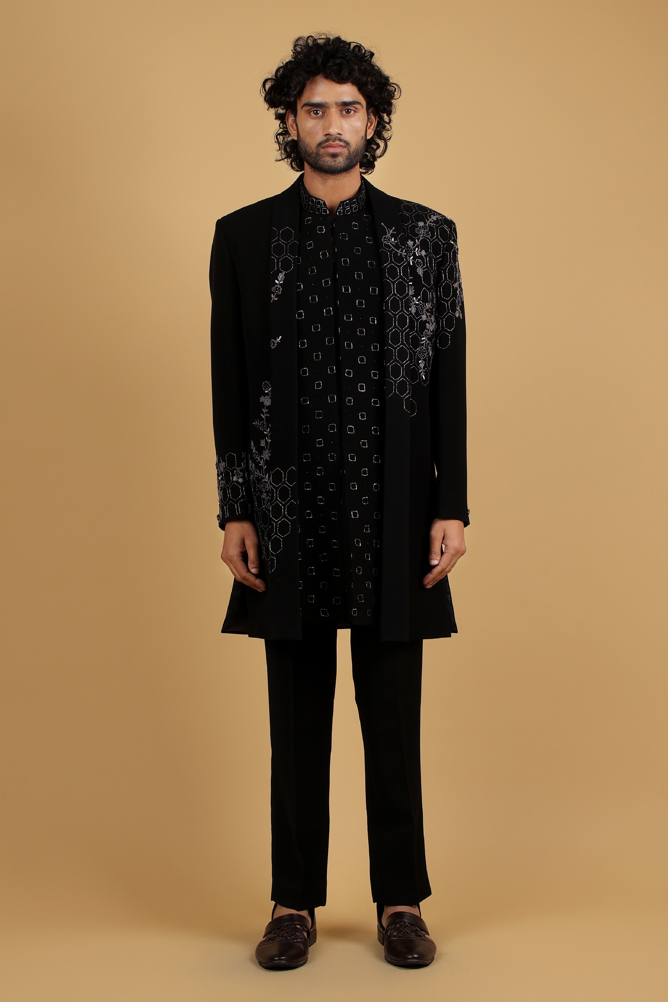 Obsidian Honeycomb Handcrafted Indo-Western Ensemble with shawl collar