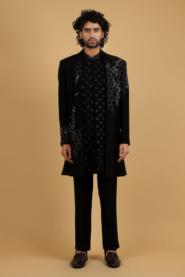 Obsidian Honeycomb Handcrafted Indo-Western Ensemble with shawl collar