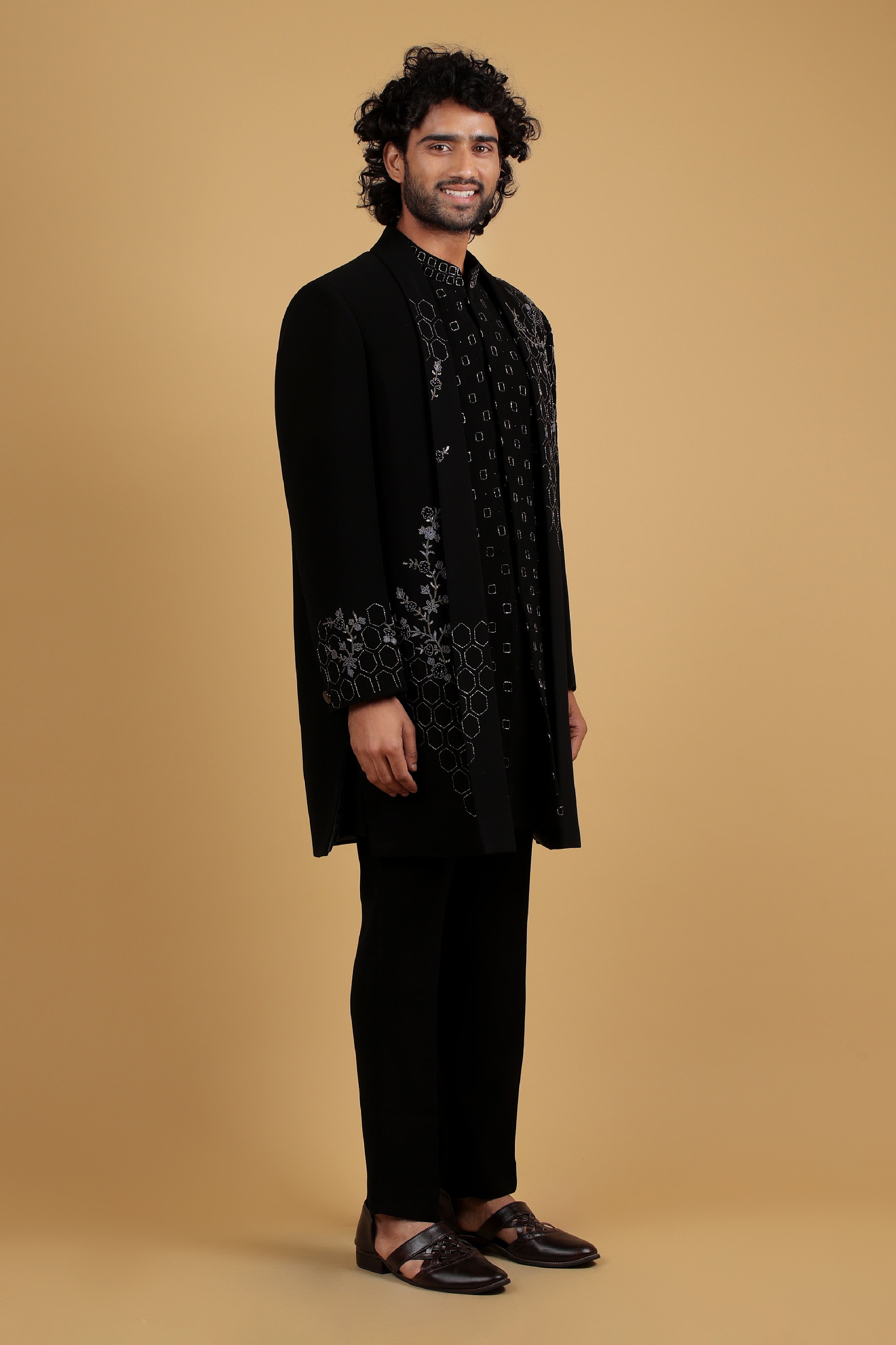 Obsidian Honeycomb Handcrafted Indo-Western Ensemble with shawl collar