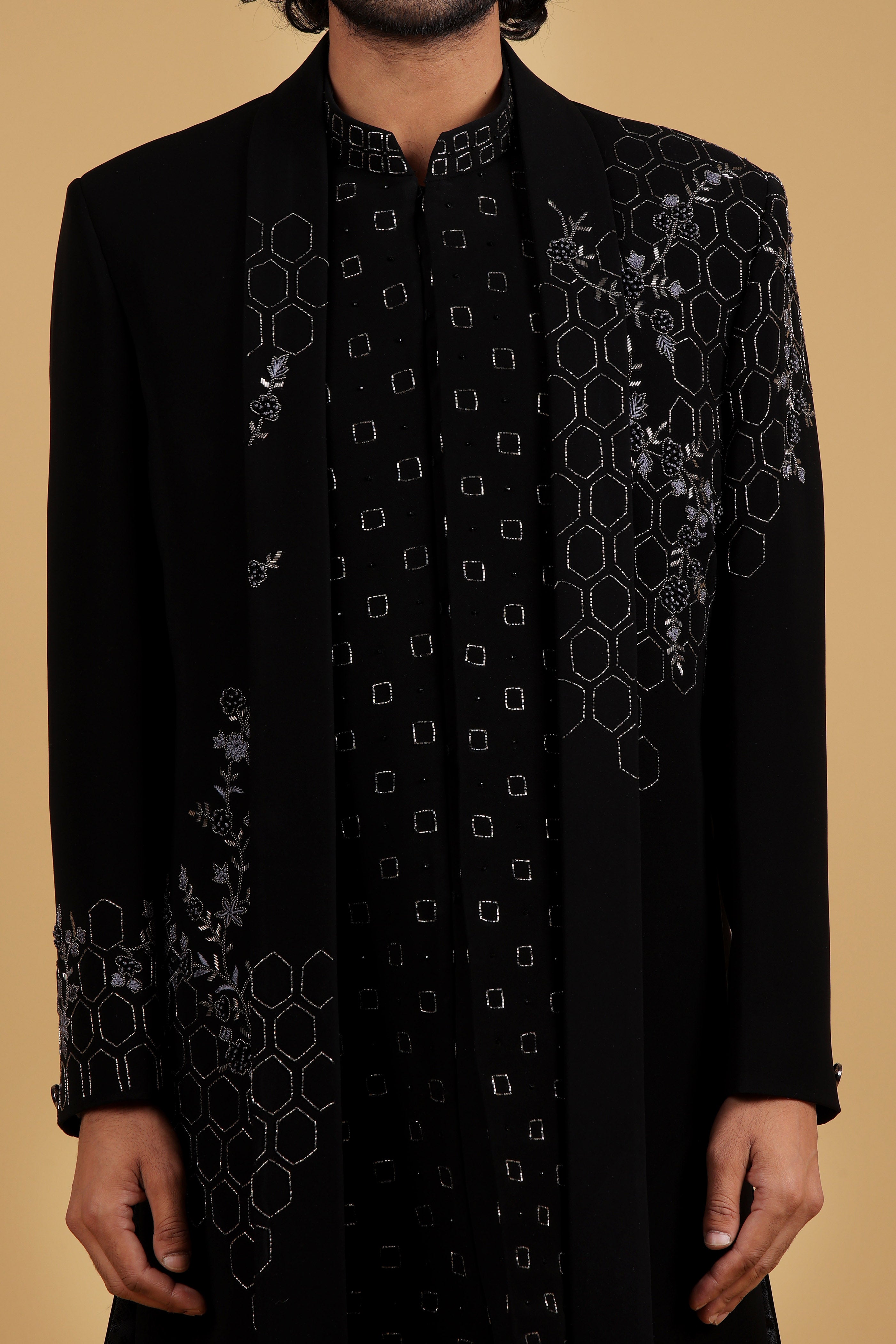 Obsidian Honeycomb Handcrafted Indo-Western Ensemble with shawl collar