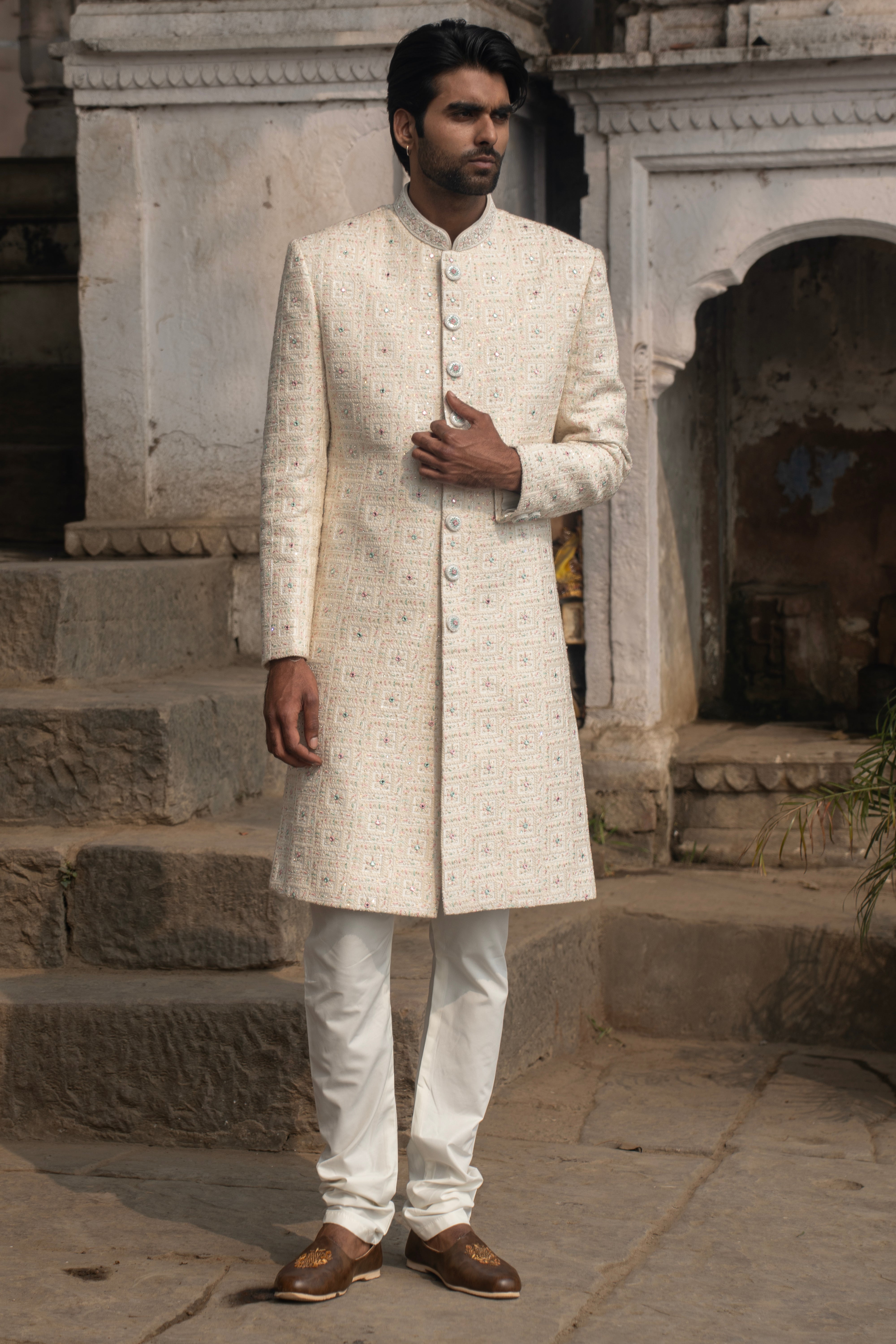 Rajwada White Indowestern With Square Embriodery Work