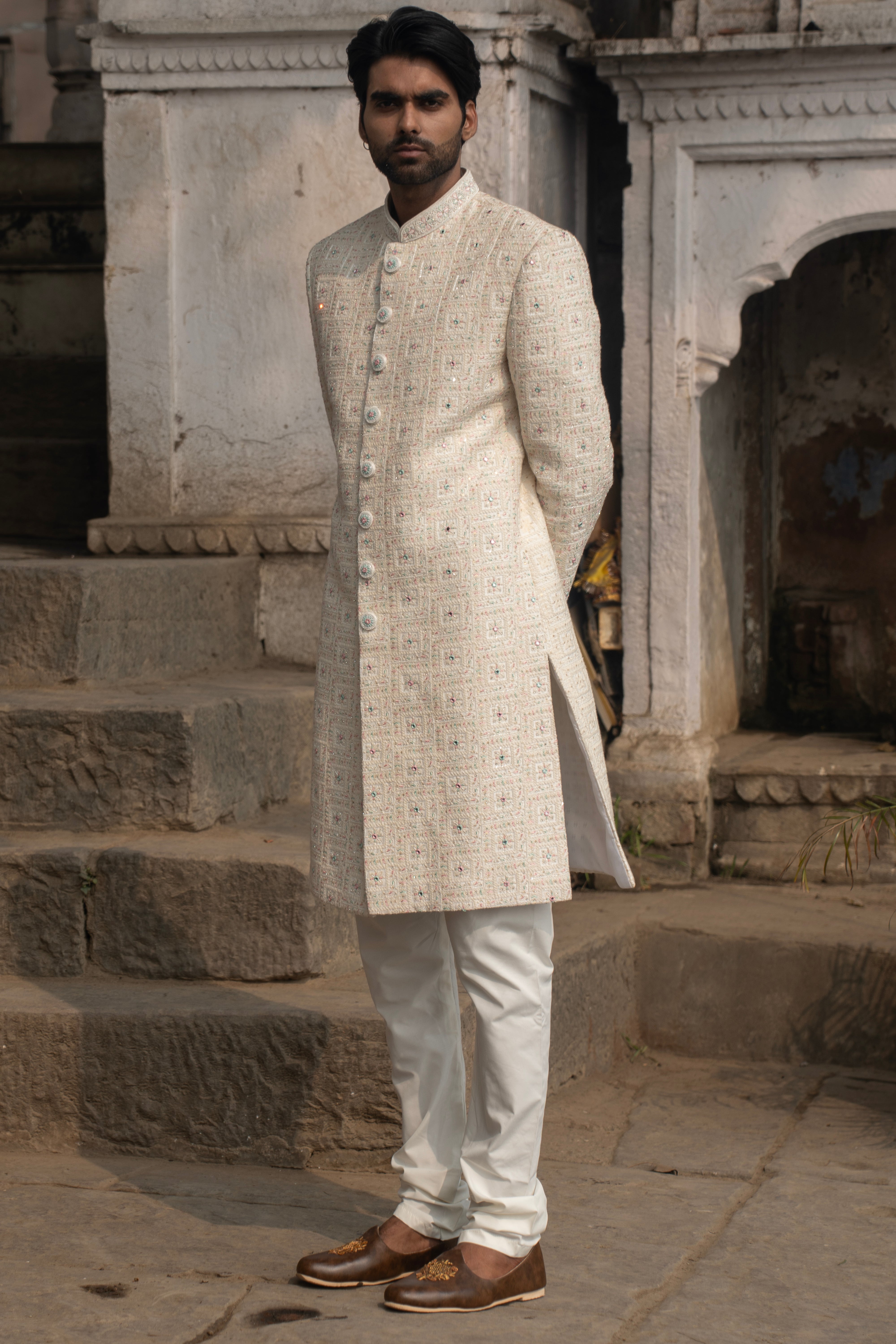 Rajwada White Indowestern With Square Embriodery Work