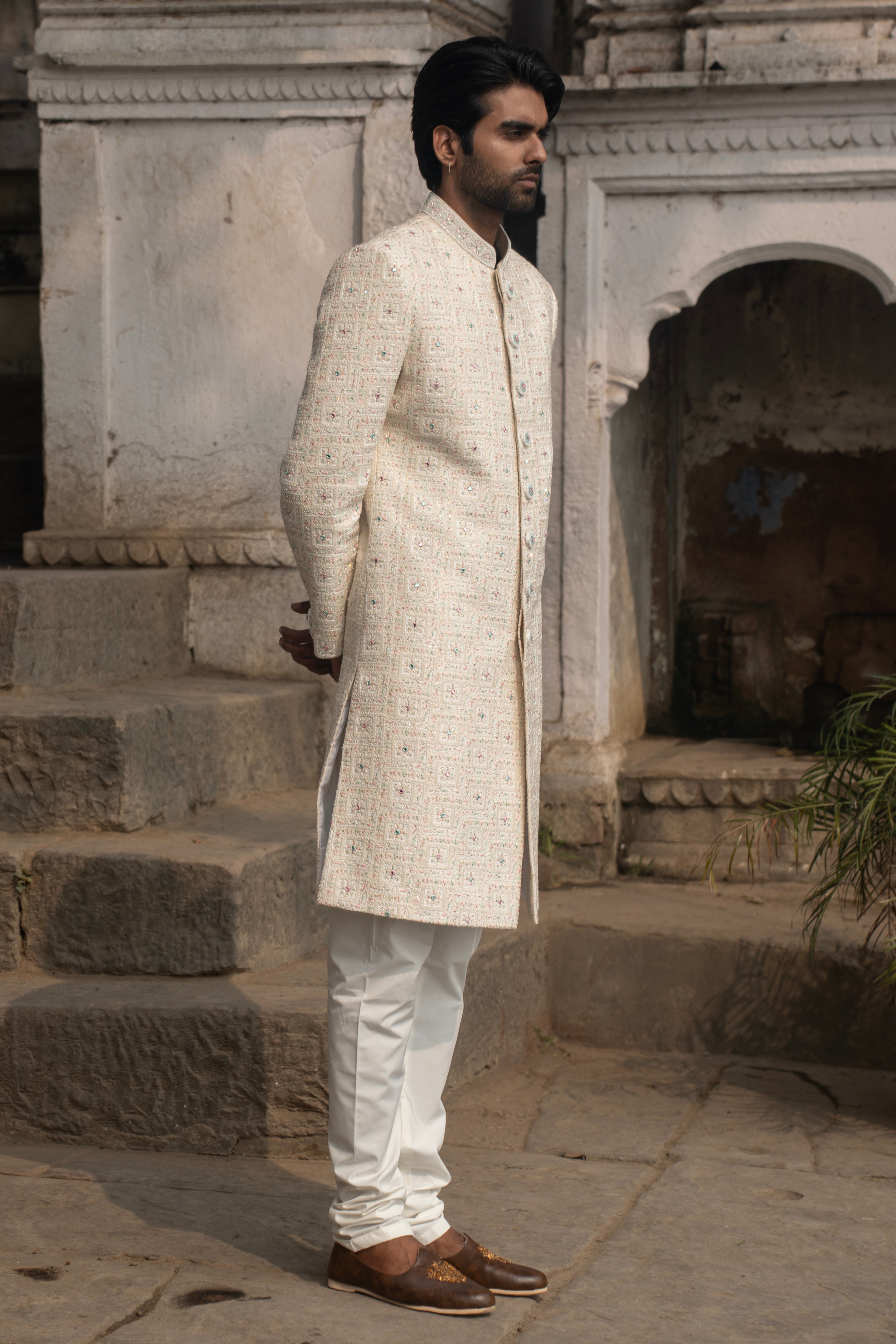 Rajwada White Indowestern With Square Embriodery Work