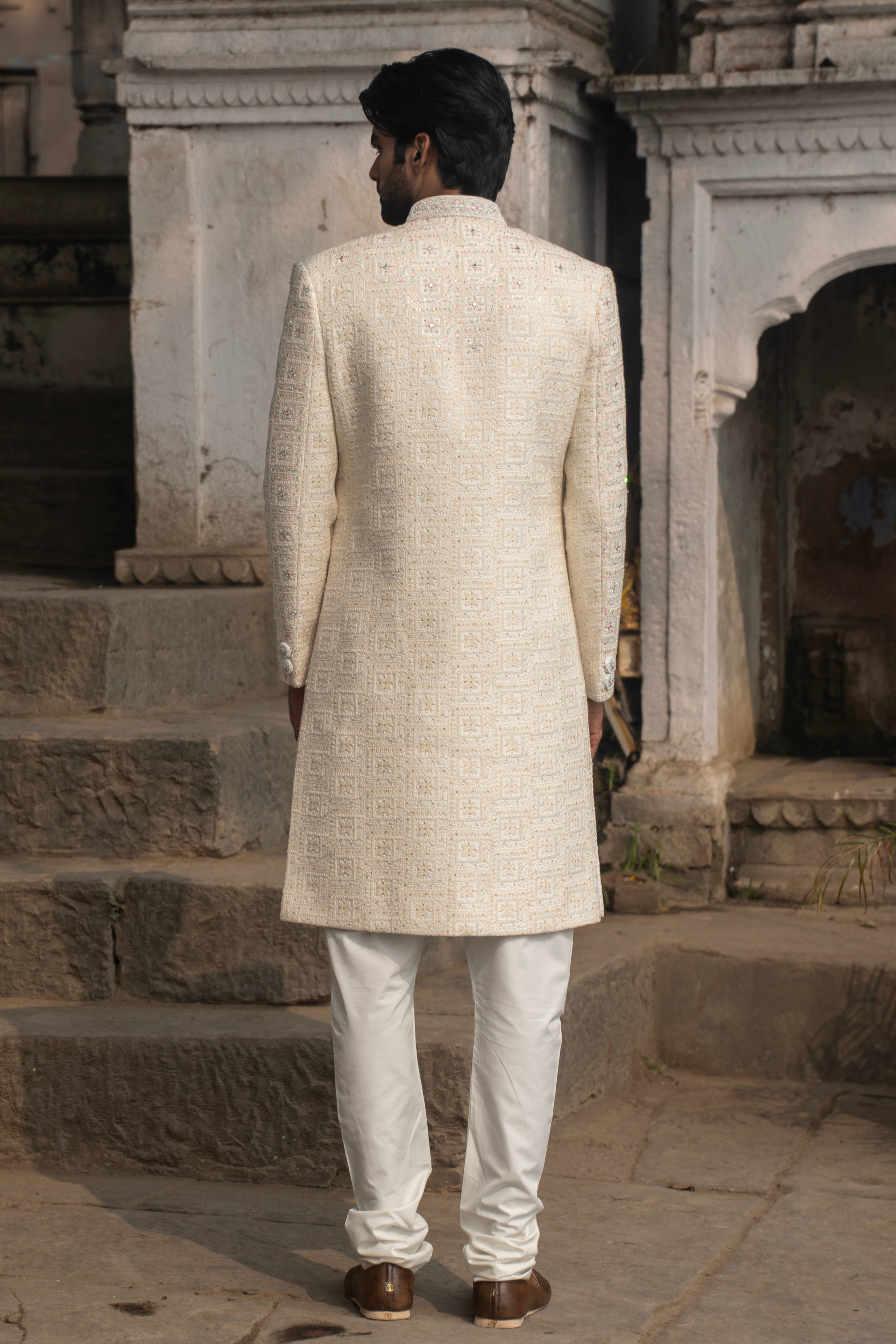 Rajwada White Indowestern With Square Embriodery Work